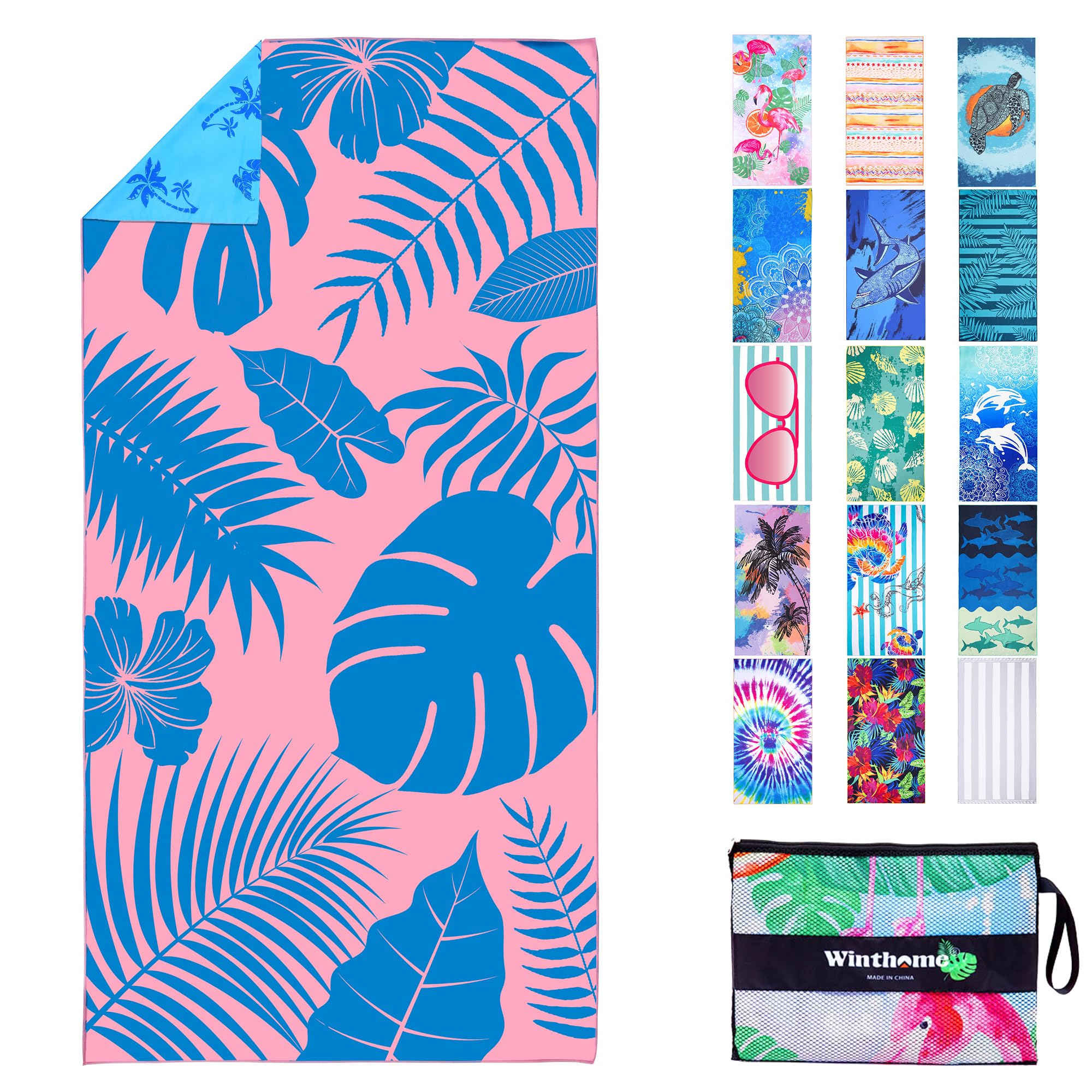 Winthome Serviette de Plage à Impression Écologique Recto Verso sans Eau, Drap de Plage Microfibre à Séchage Rapide, Légère, Anti-Sable, pour Plage, Piscine, Camping, avec Sac, Oeko(180x90cm,1 Pièce)