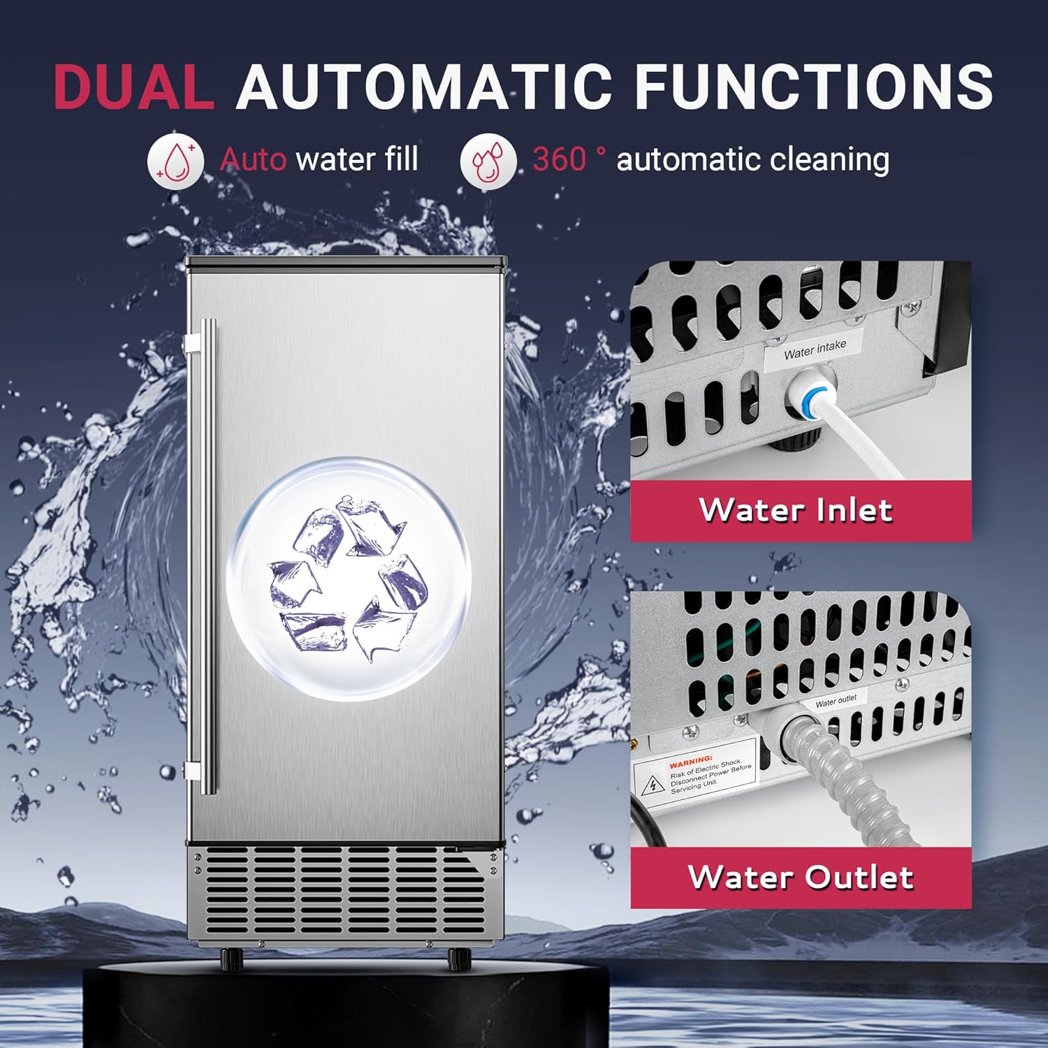 Diagram showing water inlet and water outlet connections on the ice maker