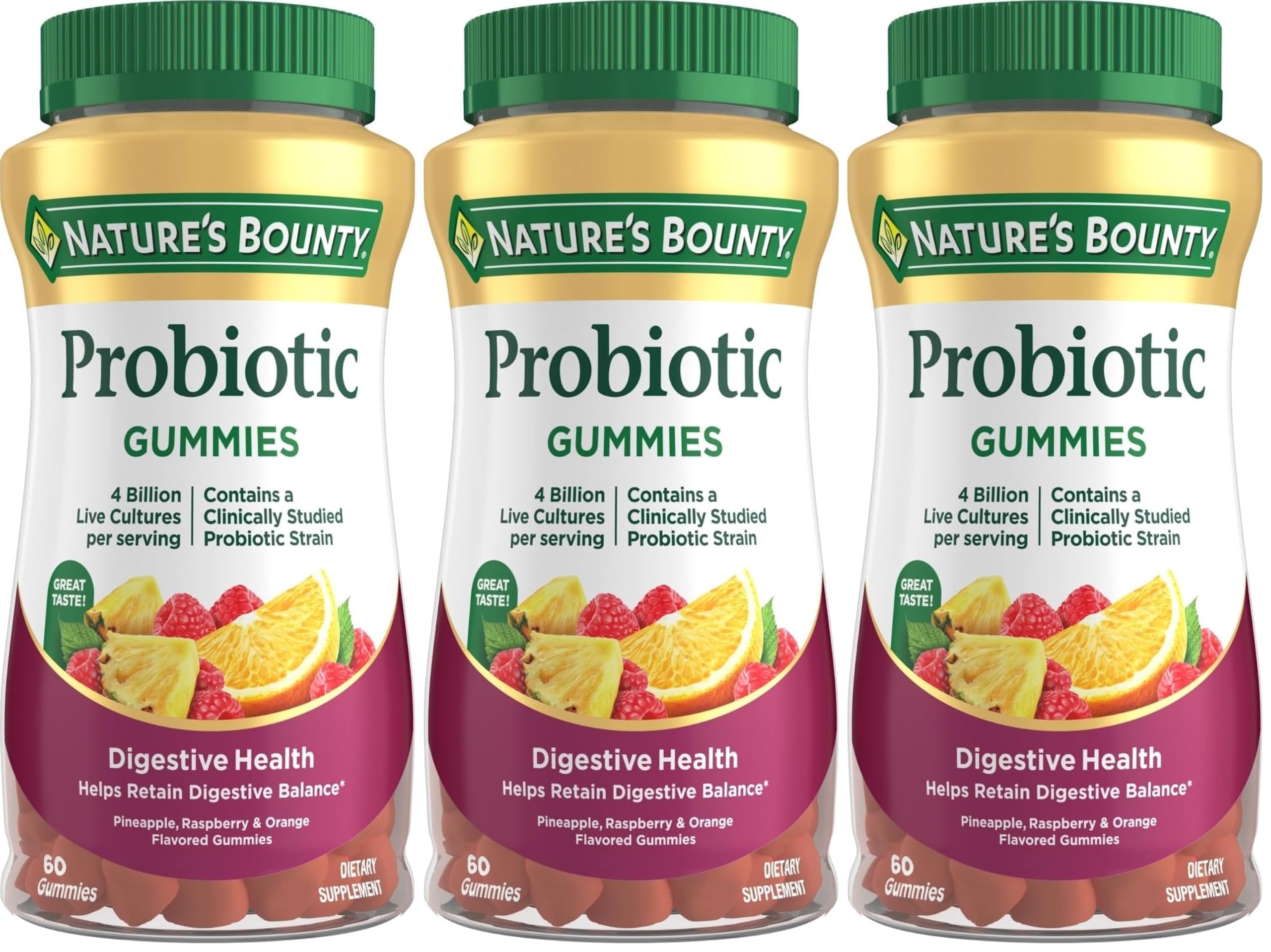 Nature's Bounty Probiotic Gummies, Immune Health & Digestive Balance, Pineapple, Raspberry and Orange Flavor Gummies, 60 Ct (Pack of 3) Pineapple, Raspberry & Orange 60 Count (Pack of 3)