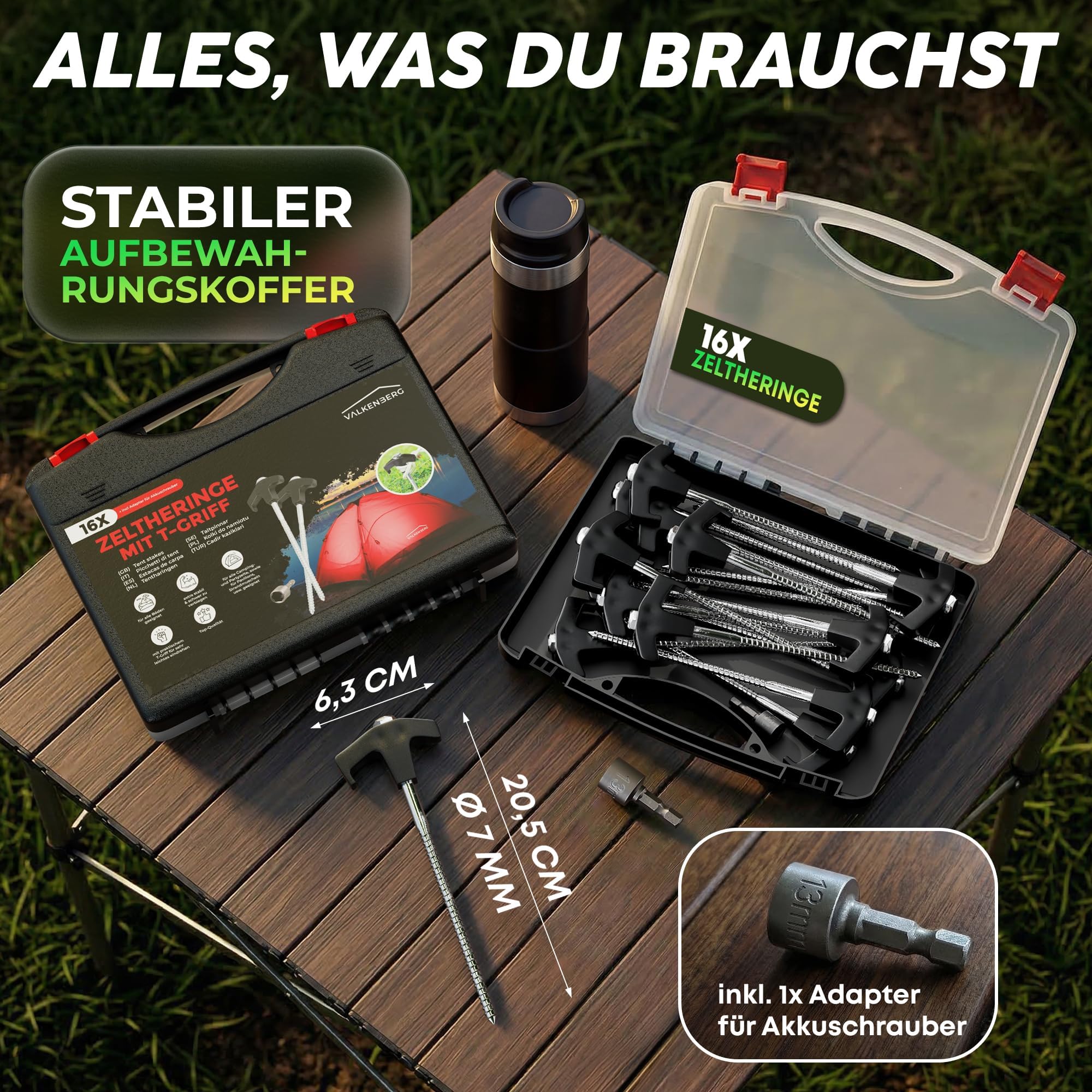 16x Schraubheringe Camping [Stahl] - Heringe Camping mit Transportbox - Zeltheringe zum Schrauben für alle Böden - Heringe Zelt sturmsicher und stabil