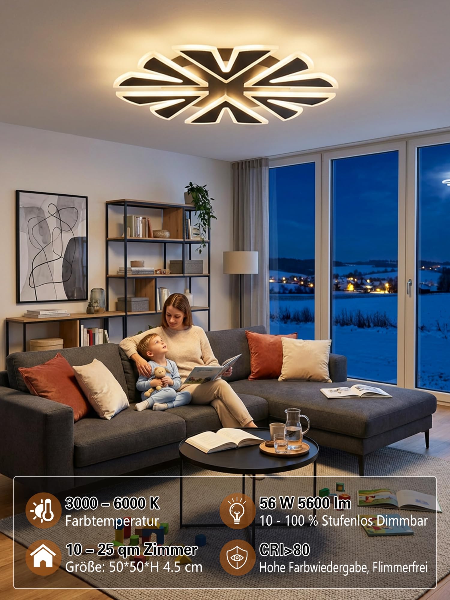 LED Deckenlampe Dimmbar schwarz Schneeflocken 50cm 5600lm 56 W | Fernbedienung/Mobile APP, Farbtemperatur 3000-6000K, Helligkeit 5-56W, 5W Nachtlicht, Memory-Funktion, Timer-Funktion