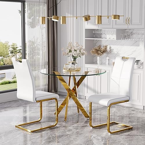 Miniatura 19 de Juego de mesa de comedor redonda moderna de vidrio de 36 pulgadas para 4, mesa de comedor de vidrio con patas cruzadas de metal, mesa de cocina con