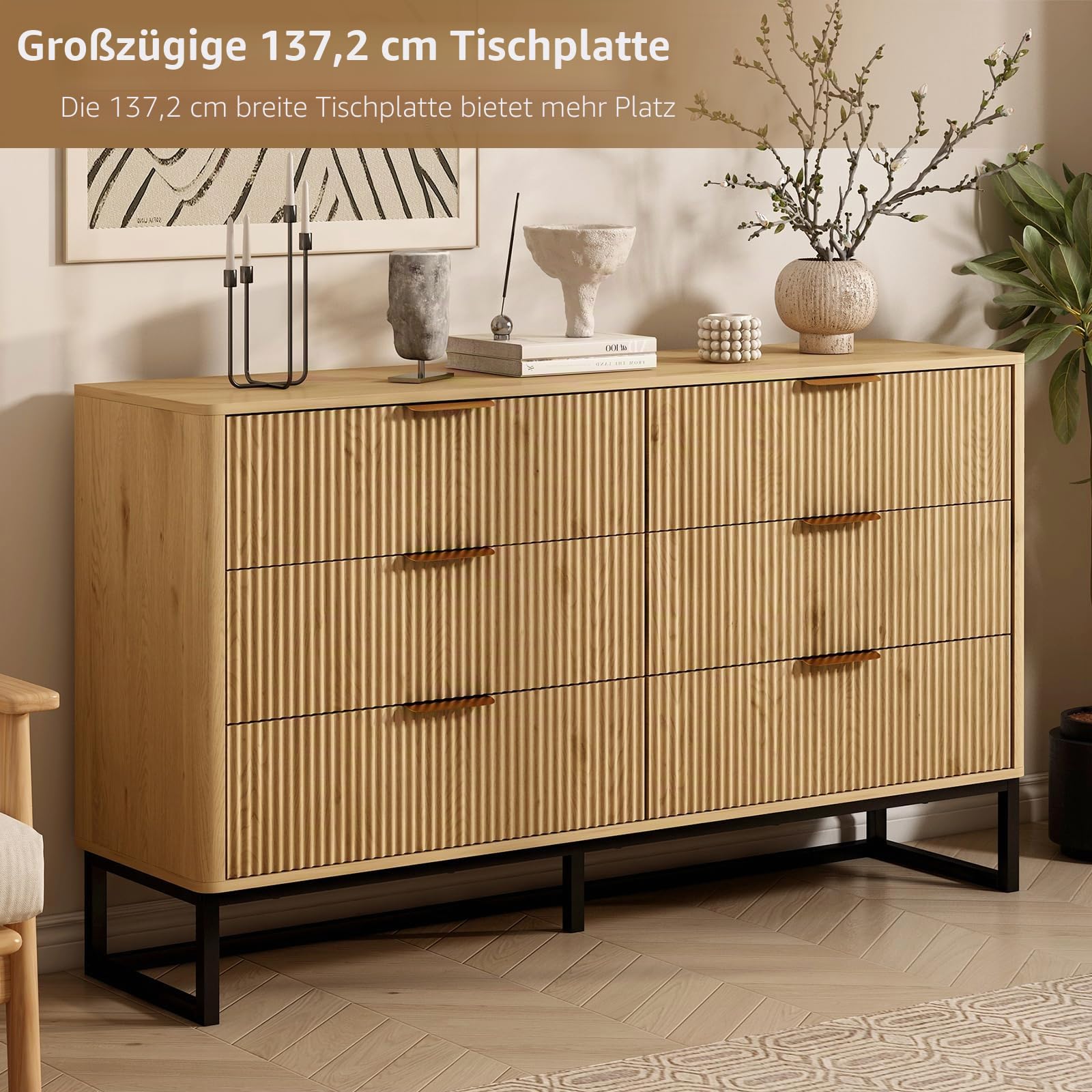 Kommode mit 6 Schubladen, Moderner Kommodenschrank Sideboard mit Metallfuß, Beistellschrank für Schlafzimmer, Wohnzimmer, Flur, 137x40x80cm,Natural
