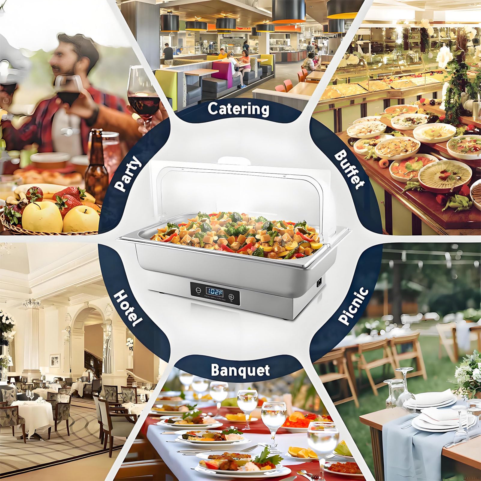 Elektryczny podgrzewacz do potraw Chafing Dish 9L, podgrzewacz do potraw ze stali nierdzewnej o mocy 600 W z regulacją temperatury do cateringu, wesel, restauracji i rozrywki 1Slot