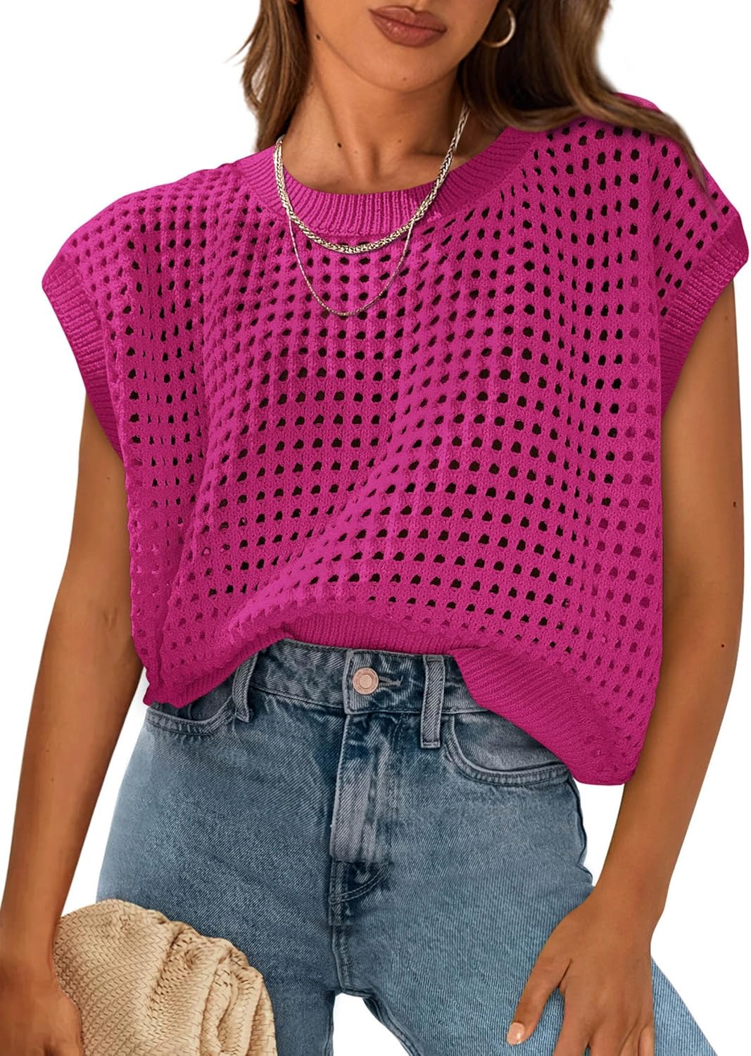 PRETTYGARDEN Womens Spring Tops 2025 Summer Shirts Crochet Cap Sleeve Sweater Pullover Cute Beach Vacation Clothes