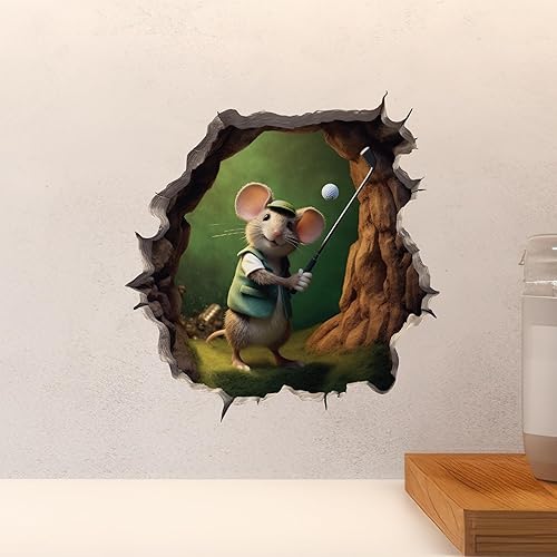 Miniatura 4 de Calcomanía de ratón de golf en agujero de ratón, adhesivo de pared 3D con agujero de ratón