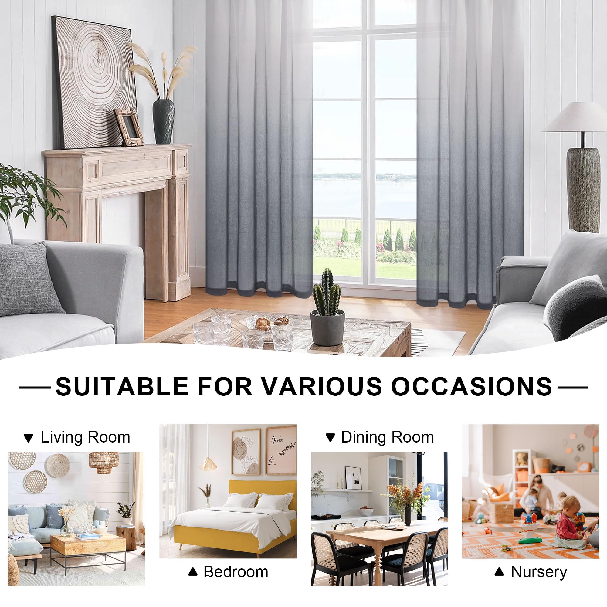 DWCN Gris Rideau Voile Rideaux Dégradé Voilés avec Ruban Fronceur Bicolores avec Système de Rail Transparent Aéré Long Sheer pour Salon de Fille Chambre de Garçon 140x260cm, Lot de 2