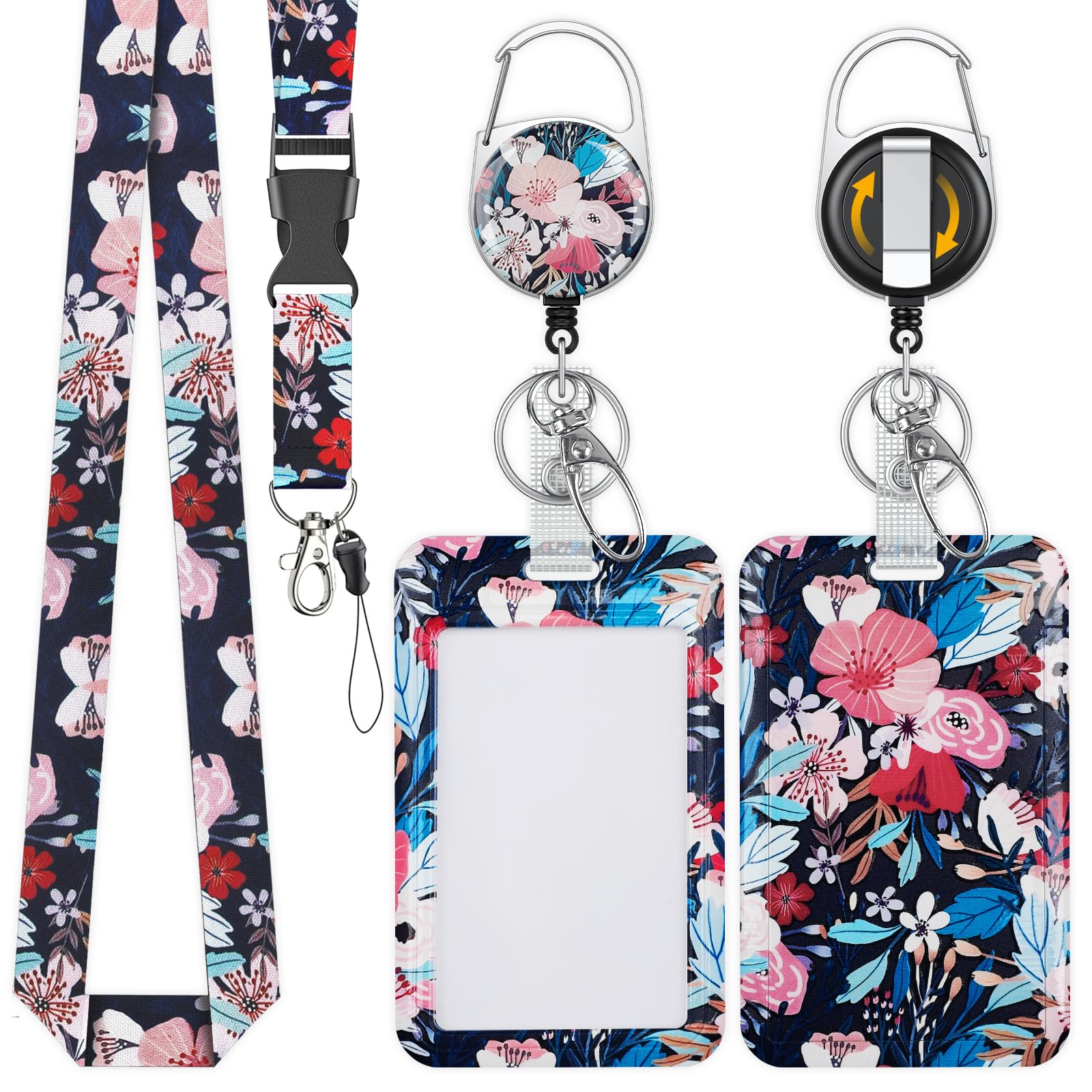 Uniclife Fashionable Sliding Badge Holder, Flower Pattern Plastic Card Holder with Retractable Badge Reel Carabiner & Detachable Lanyard, Vertical Card Protector for Office Worker Teacher Student โ image 1