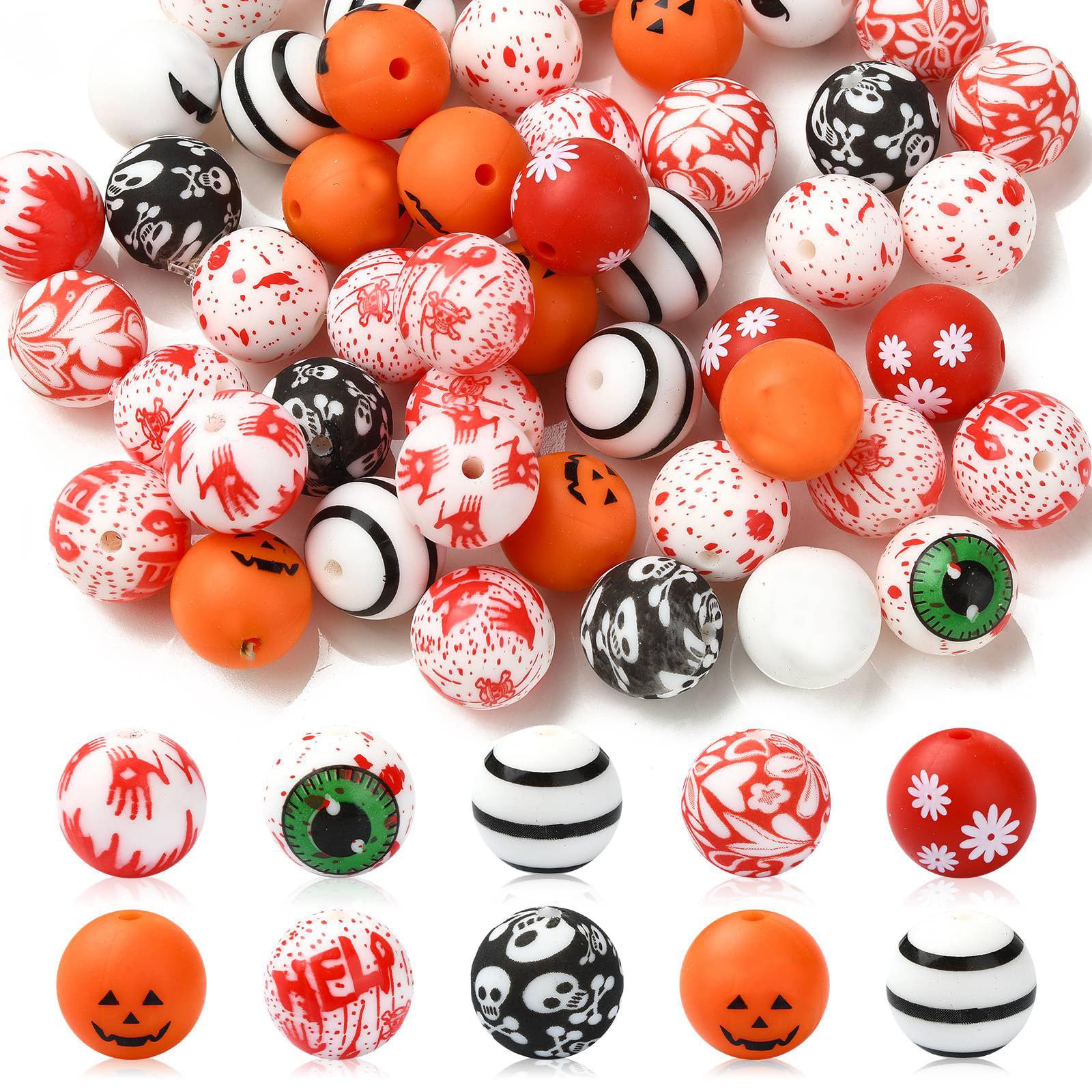 Airssory 50 Pcs Halloween Silicone Focal Beads Round Ghost Bead Silicone Beads Red Silicone Focal Beads Halloween Beads for Bracelet Jewelry Making Beadable Pens DIY Craftings