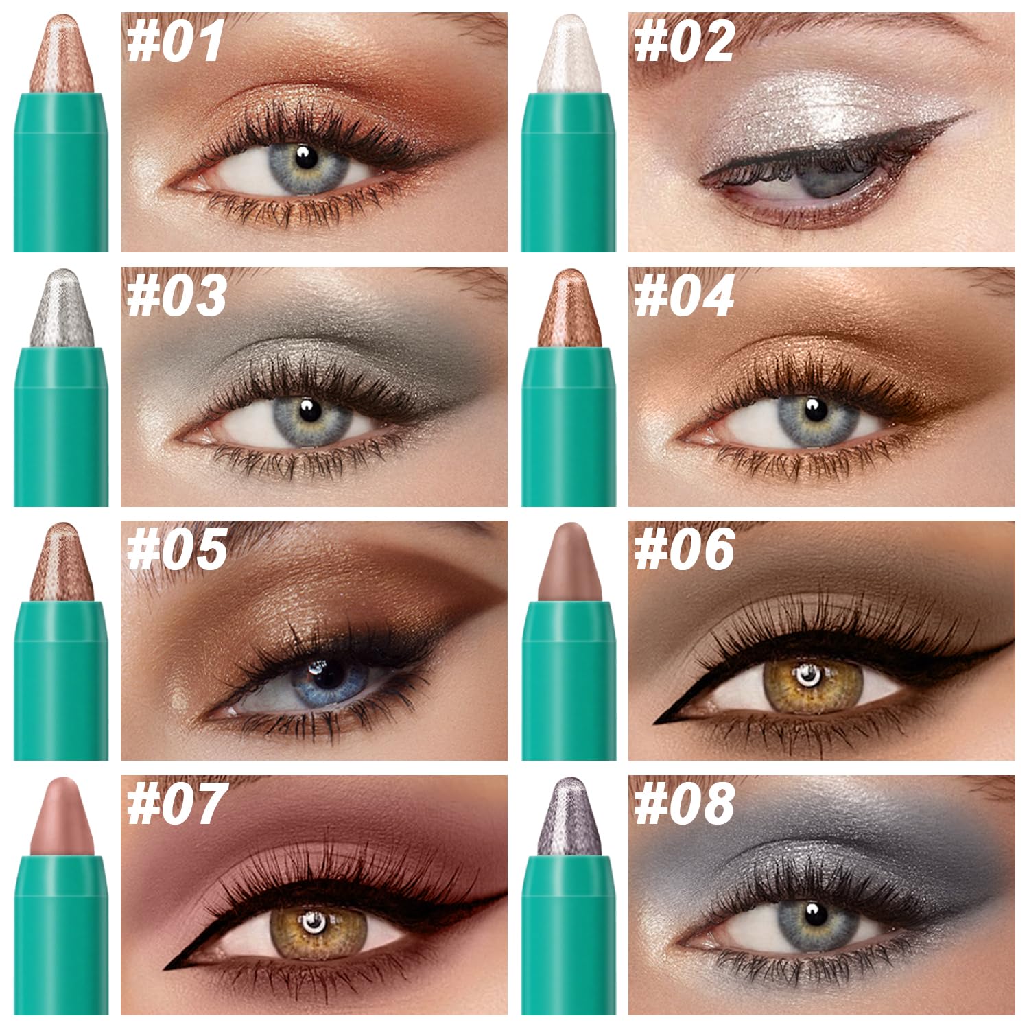 Juego de 8 barras de sombra de ojos, sombra de ojos crema para ojos, champán, perla, gris topo, bronce, cacao, masilla, amatista ahumada, brillante, mate, delineador de ojos, maquillaje impermeable 2