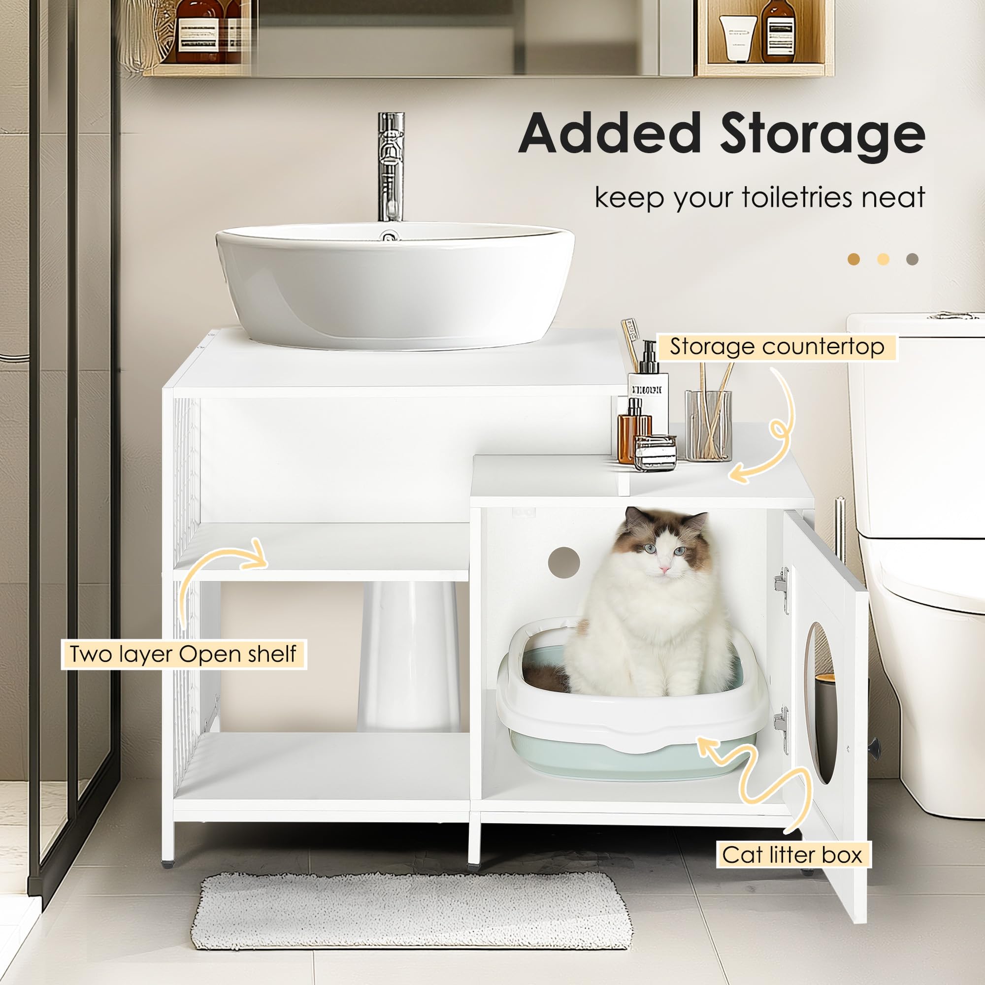 Amazon.com: RLRO Cat Litter Box Enclosure for Bathroom, 2 in 1 Cat  Furniture and Bathroom Vanity, Hidden Pet Washroom with Divider, Vanity  Cabinet with Cat House, Indoor Cat Furniture Under Vanity with