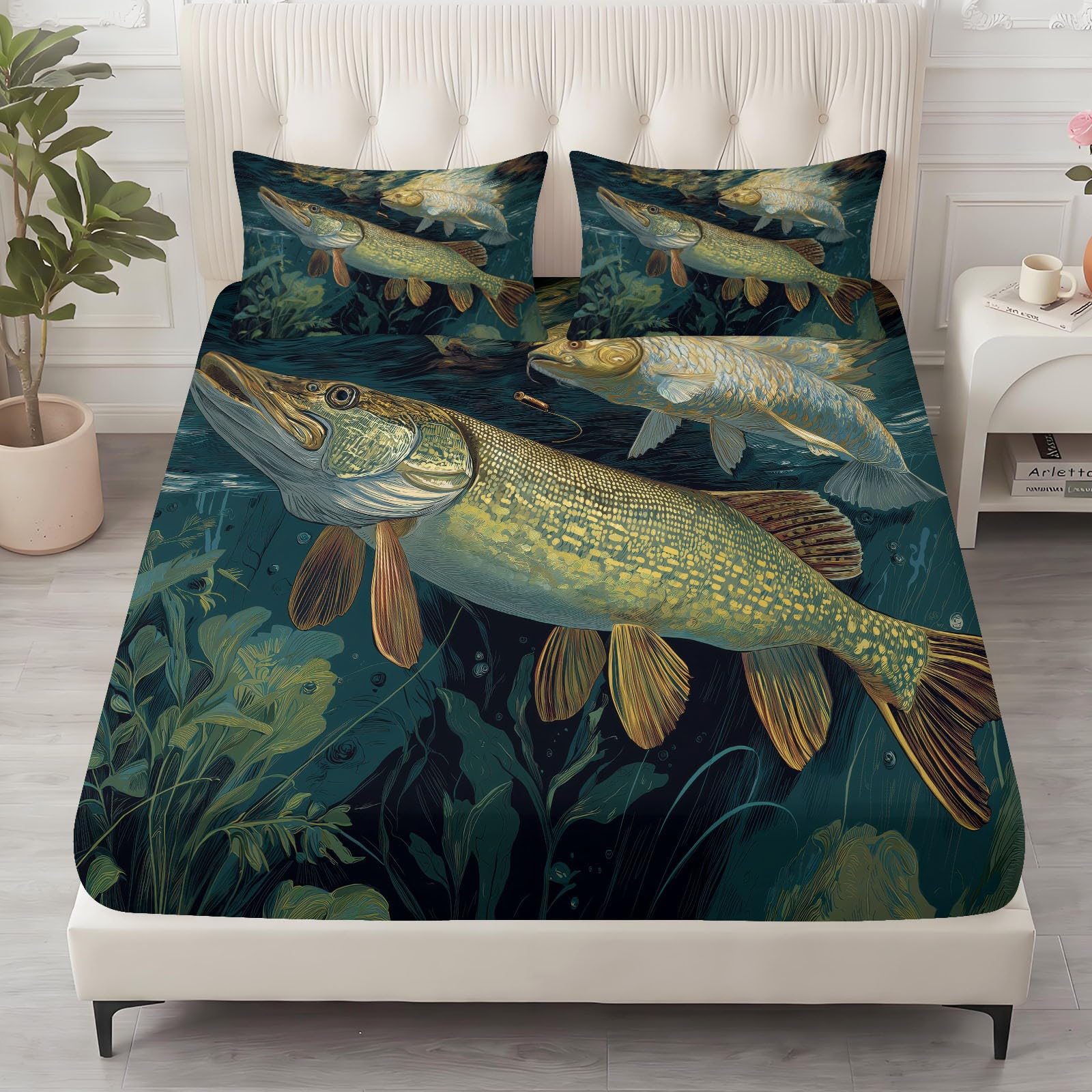 Juego de sábanas bajeras ajustables de 3 piezas, 160 x 200 cm, diseño de animales, barracuda, de microfibra, suave, agradable a la piel, transpirable, hipoalergénica, para colchones de hasta 30 cm de