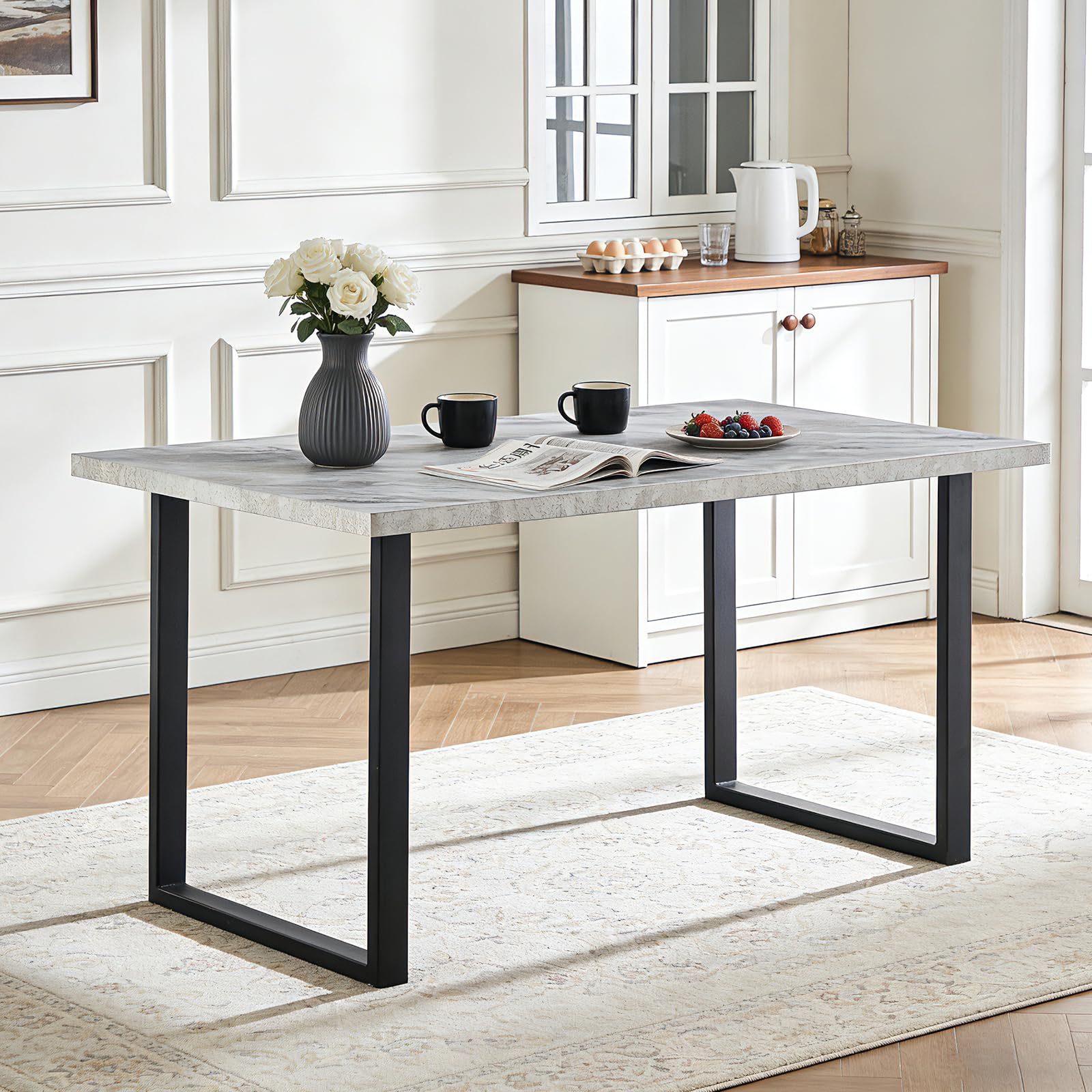 JaHECOME White Dining Table Kitchen Table Modern Industrial 150 x 90 x 76 cm Heavy Duty U-Shape Metal Legs for Kitchen Living Room Dining Room — image 1