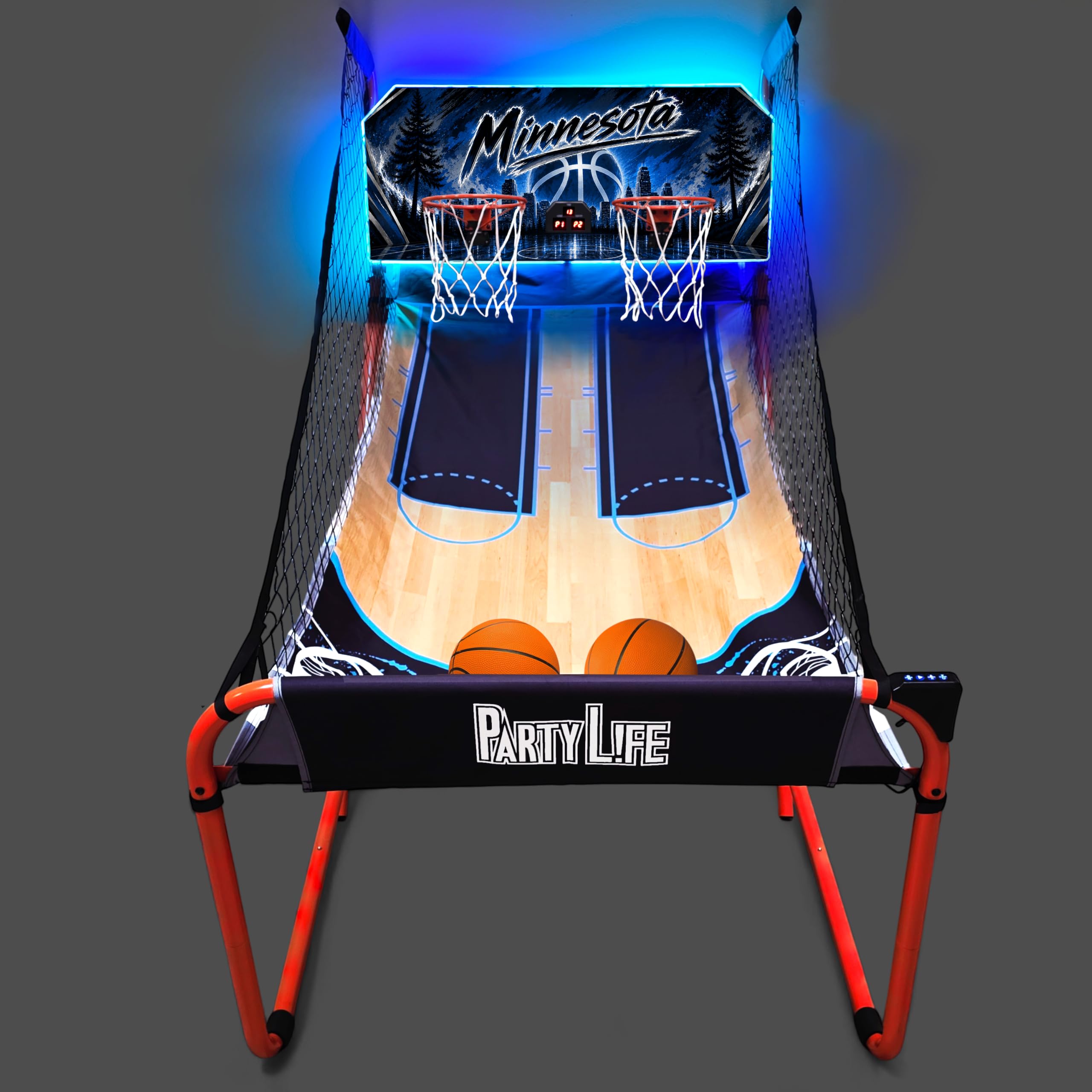 PartyLife 2-Player Basketball Arcade Game w/LED Lights | Electronic Scoring | 5 Balls, 1 Pump, 8 Games | Folding Design | Heavy-Duty Steel Frame