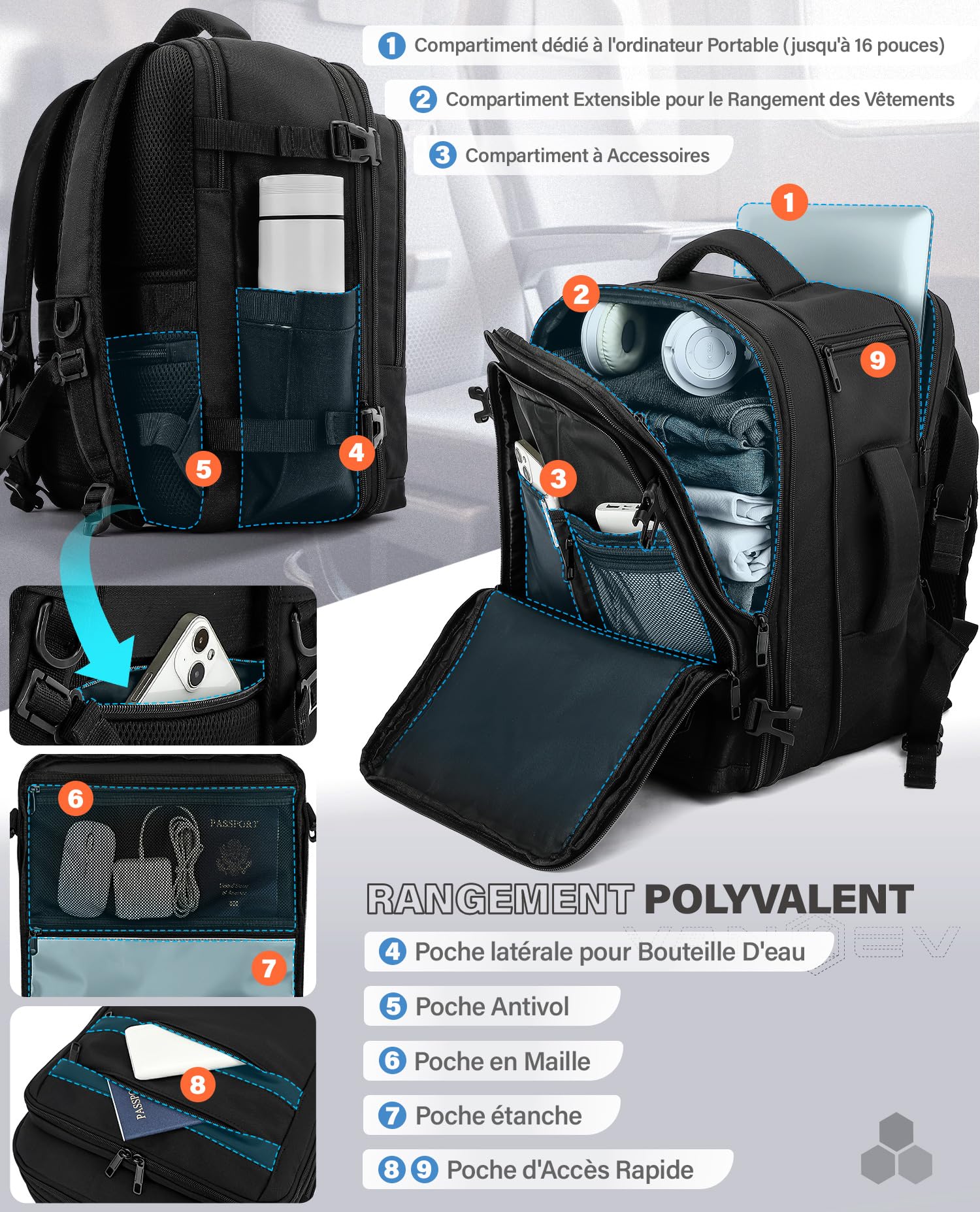 VANKEV Sac à Dos Voyage Cabine pour Ryanair EasyJet Eurowings Wizz Air Extensible 40x30x20 à 40x30x25, 24L à 30L, Bagage à Main Sous Siège Adapté à un Ordinateur Portable de 15,6 Pouces noir