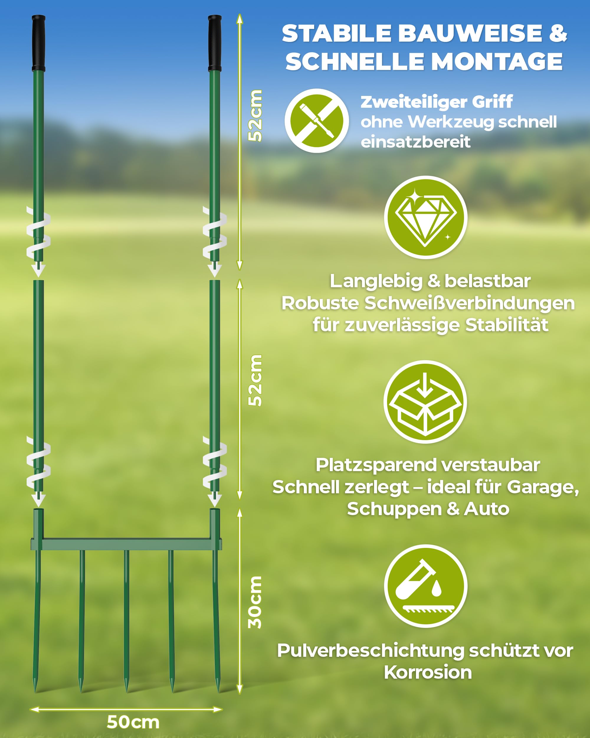 Signstek Grabegabel mit 5 Zinken – 130 cm Gesamtlänge, 51 cm Arbeitsbreite, 30 cm Zinkenlänge – zerlegbare Broadfork zum Tiefenlockern und Belüften des Gartenbodens, ergonomisch & rückenschonend