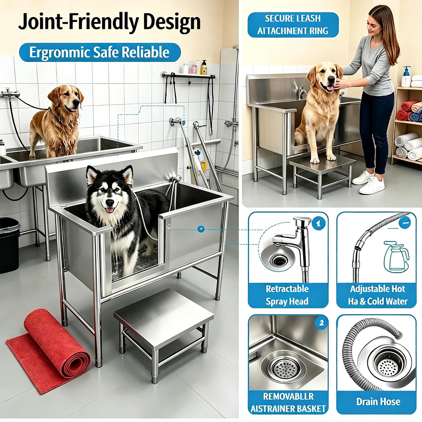 Hundebadewanne Edelstahl Haustiere Badewanne, professionelle Tierpflegewanne, mit Duschkopf, Seifenhalter & Treppe, Kommerzielle Haustierpflegewannenstation,L120cm