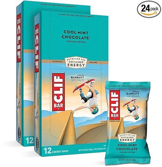 CLIF BARS - Energy Bars - Cool Mint Chocolate - With Caffeine - Made with Organic Oats - Plant Based Food - Vegetarian - Kosher (2.4 Ounce Protein Bars, 24 Count) Packaging May Vary