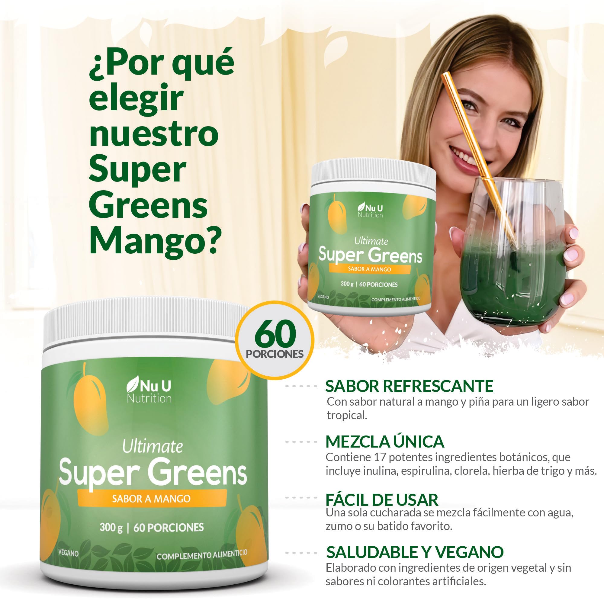 Super Greens | Mango | Polvo de Jugo Verde 300 g - 17 Ingredientes Superalimentarios Activos - 60 Porciones - con Inulina, Espirulina, Clorela, Raíz de Maca y Más - 100% Vegano - Nu U Nutrition