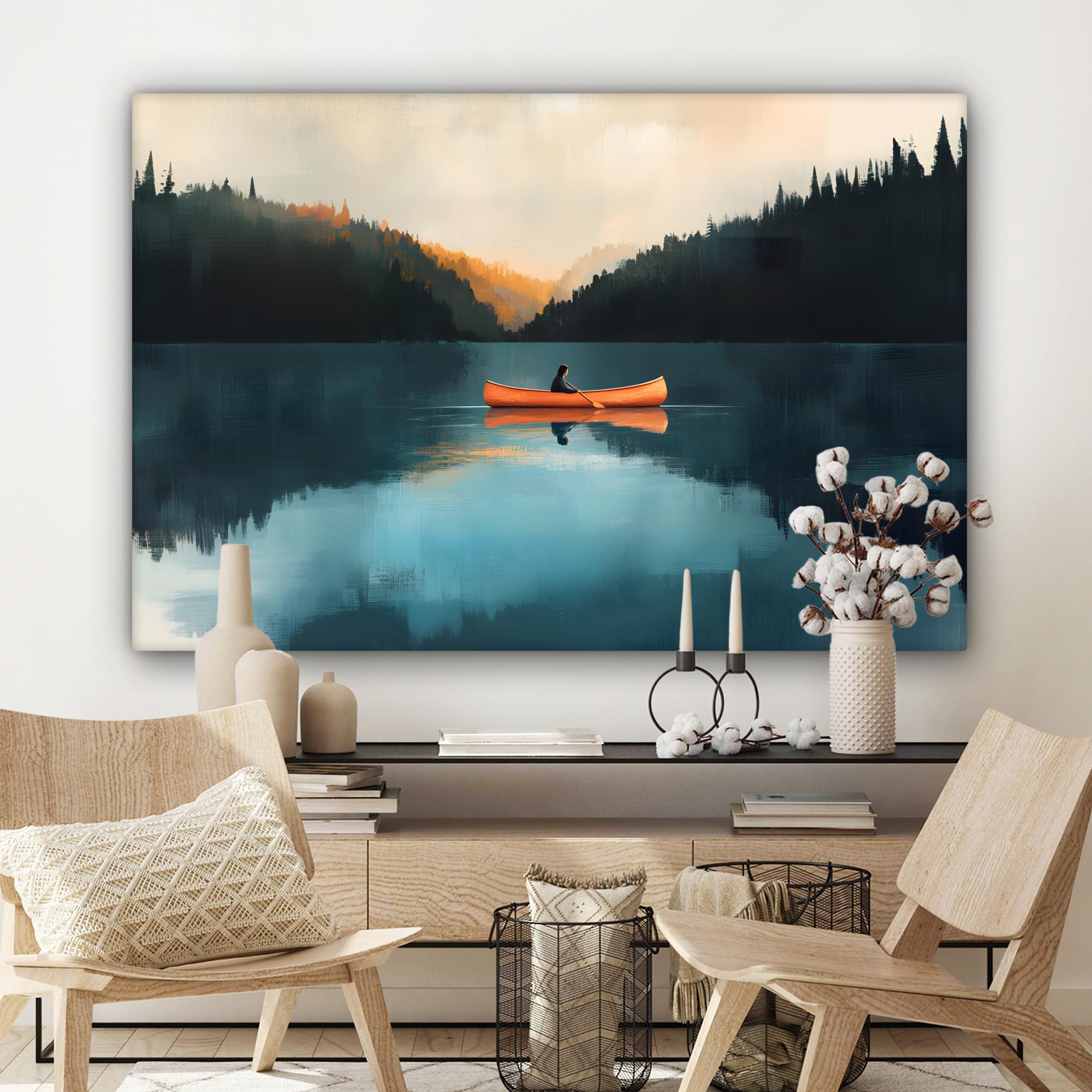 MuchoWow© Impression sur Toile Decoration Murale Peinture 120x80 cm Tableaux Decoratifs Muraux Déco Chambre Tableau Salon Forêts - Lac - Canoë - Orange