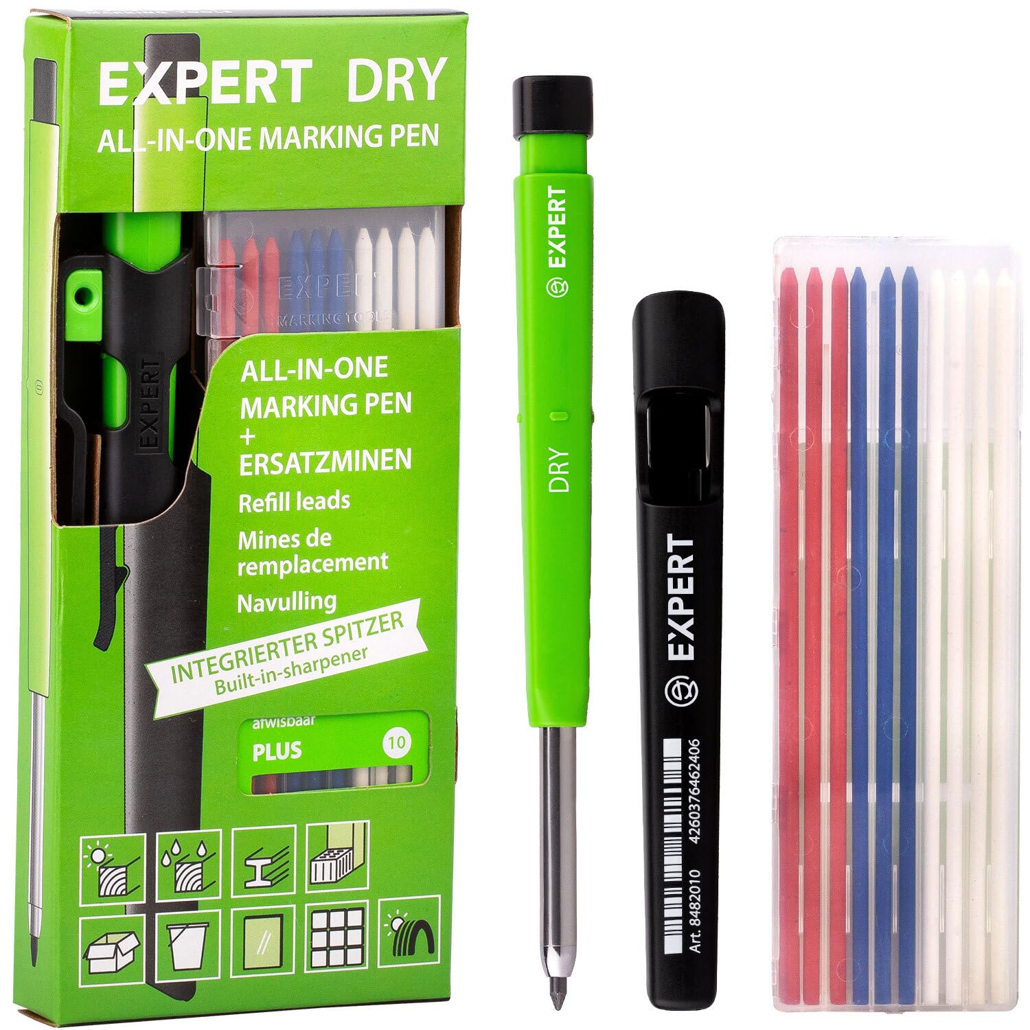EXPERT Rotulador todo en uno Dry con 11 minas | Marcador de agujeros profundos recargables con juego de minas Plus | Versátil en madera, vidrio, metal | Lápiz de carpintero con sacapuntas integrado |