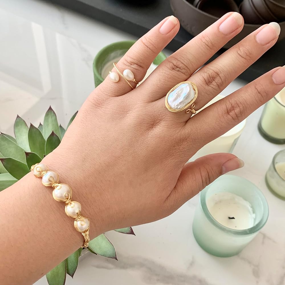 Amazon.com: Andaxe Handcrafted Baroque Pearl Ring Winding Design Opening Adjustable 14k Gold Plated Material,White : Clothing, Shoes & Jewelry