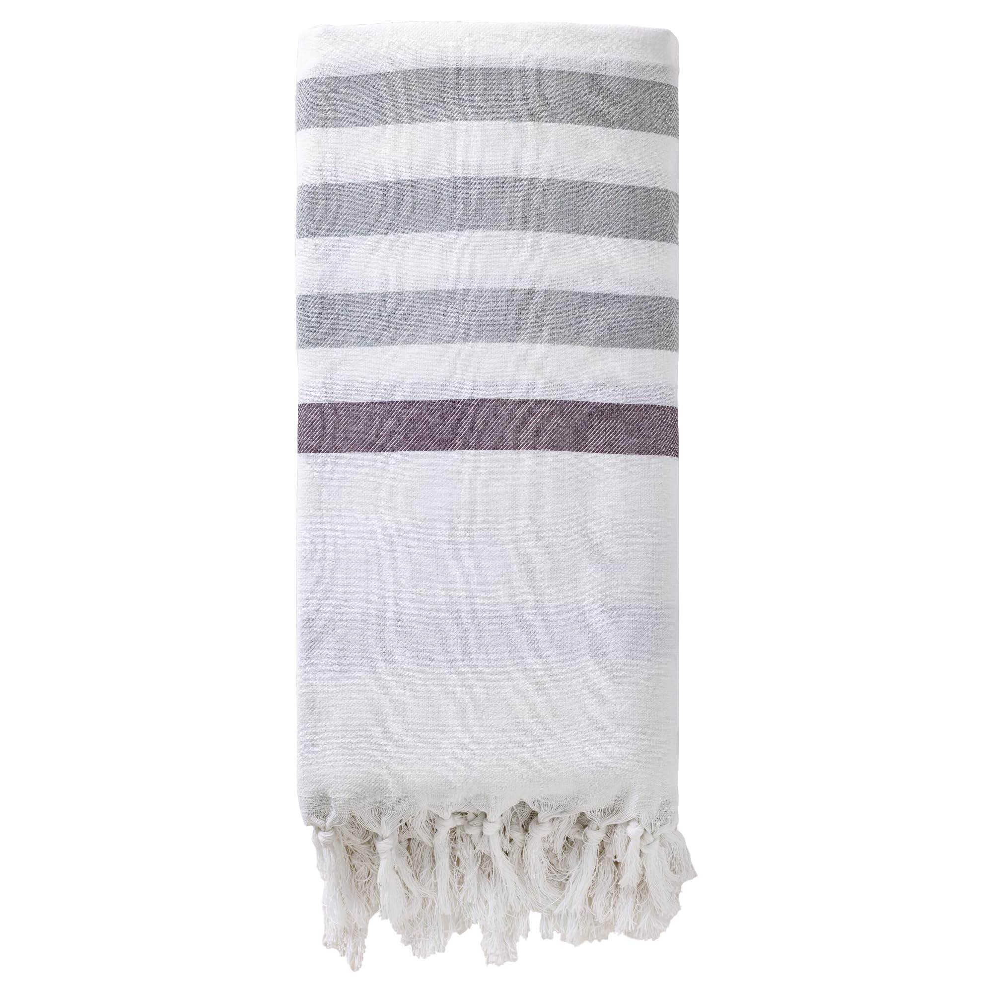 HMETOL Turkish Striped Cotton Beach Towel with Tassel Trim 1 Pack Sand Free Quick Dry Lightweight Oversized Travel Yoga Picnic Bath Towel Blue 180 x 100cm