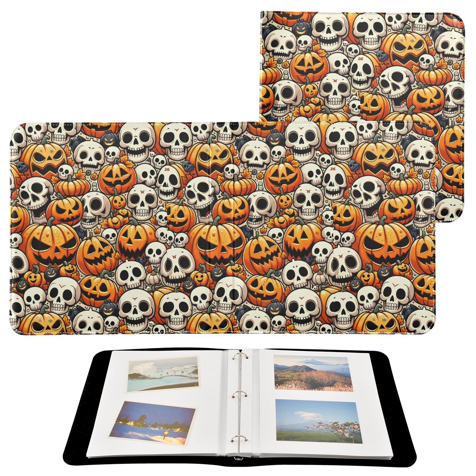 JIPONI Pumpkins Cartoon Halloween Skulls Large Photo Album, DIY Leather Cover Scrapbook Albums for 4x6 5x7 6x8 Pictures, Self Adhesive Memory Book for Wedding, Baby, Family