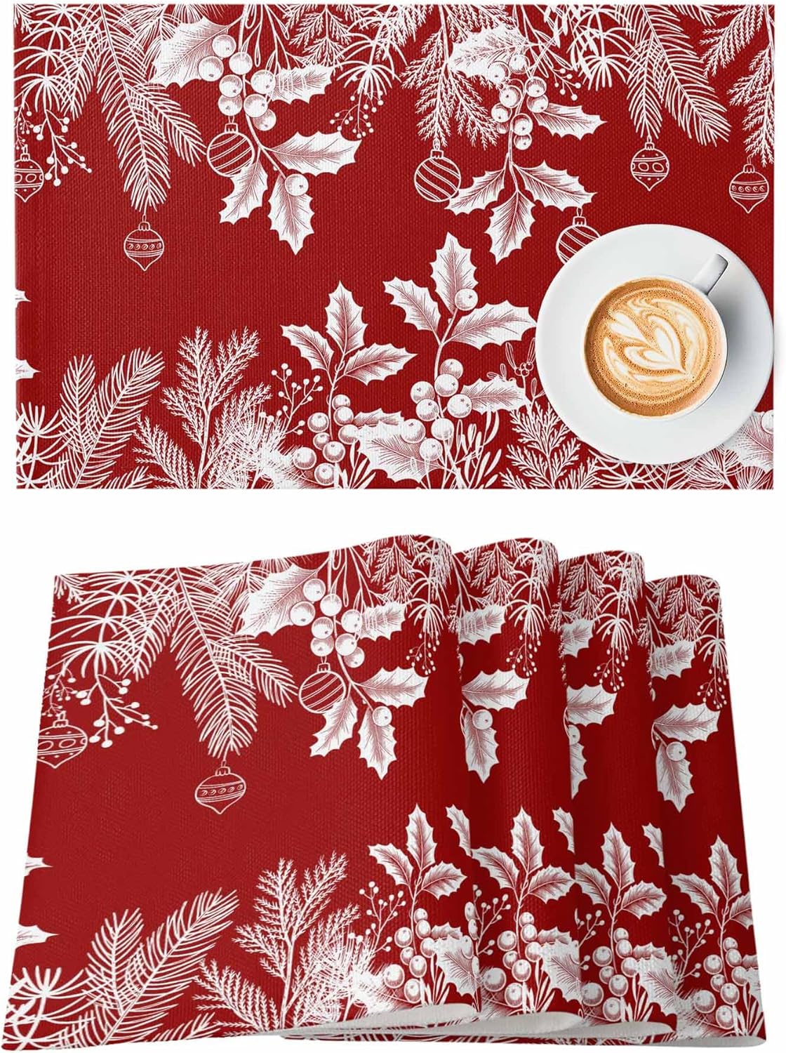 Christmas Placemats Set of 6 Xmas Ball Pine Branches Berry Placemats for Dining Table Decor Red Seasonal Winter Holiday Table Mats for Christmas Party Home Deoration