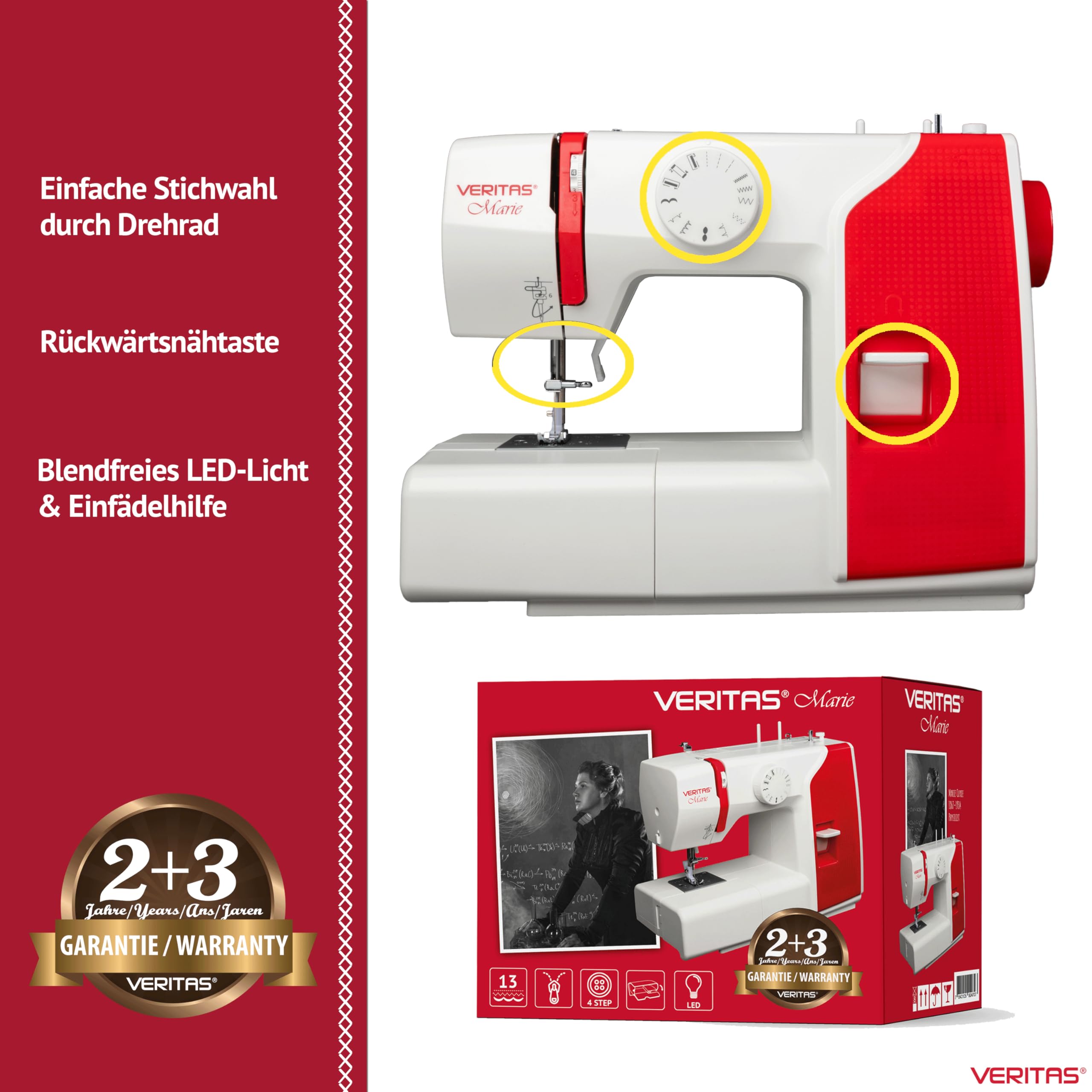 VERITAS Nähmaschine Marie I 13 Stichprogramme I Auto-Fadenspannung & Fadenabschneider I LED-Nählicht I Snap-On Nähfußsystem I Zierstiche & Stretch-Stiche I Kleine Nähmaschine für Anfänger (weiß-rot)