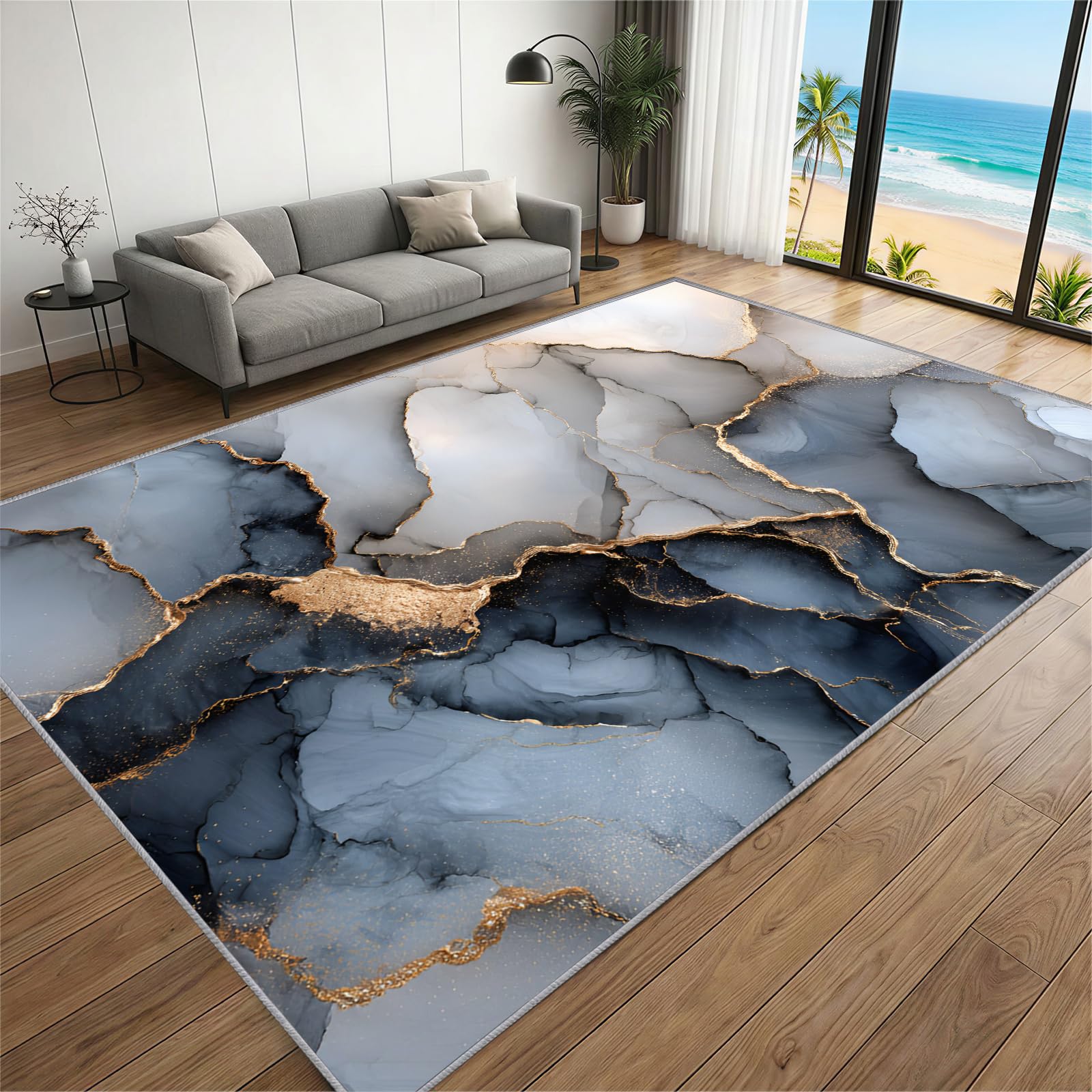 BEQUTIY Black White Gold Marble Area Rugs, Golden Lines Abstract Rug 180 x 270 cm, Fashionable And Luxurious Rugs Office for Machine Washable Non Slip Carpet, for Dining Room, Bedroom Fireplaces