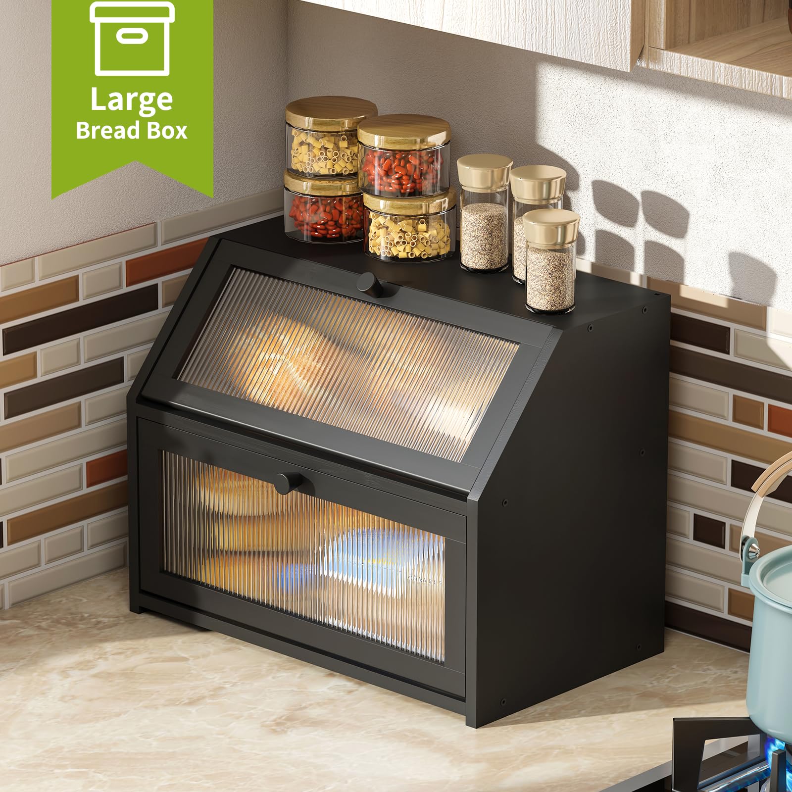 BMOSU Brotkasten für Küche, Brotaufbewahrung und Organizer, Bauernhaus, Arbeitsplatte, Brotbehälter mit Milchglasfenster, Brotbox, doppellagig, Bambus, Holz, schwarz), Selbstmontage