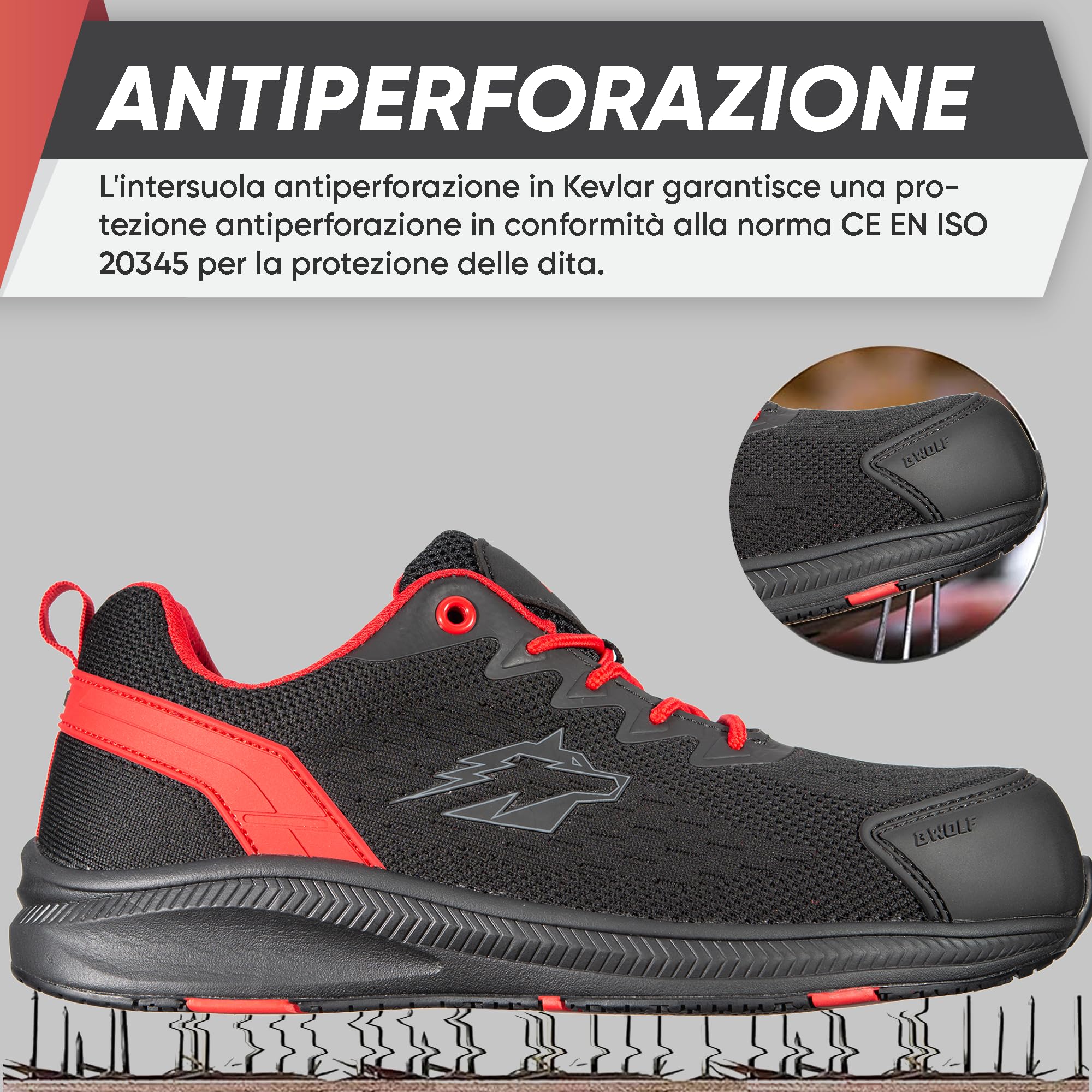 BWOLF Fly S1PS Scarpe da Lavoro Antinfortunistiche ESD Kevlar, Protezione Anti-Perforazione Antiscivolo, Suola Eva Ergo Plus Comfort