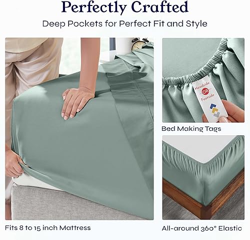 Vista 353 de Juego de sábanas de 400 hilos y 6 piezas, tamaño King, con 4 fundas de almohada, ropa de cama de 100 % algodón con tejido satinado, color azul 12