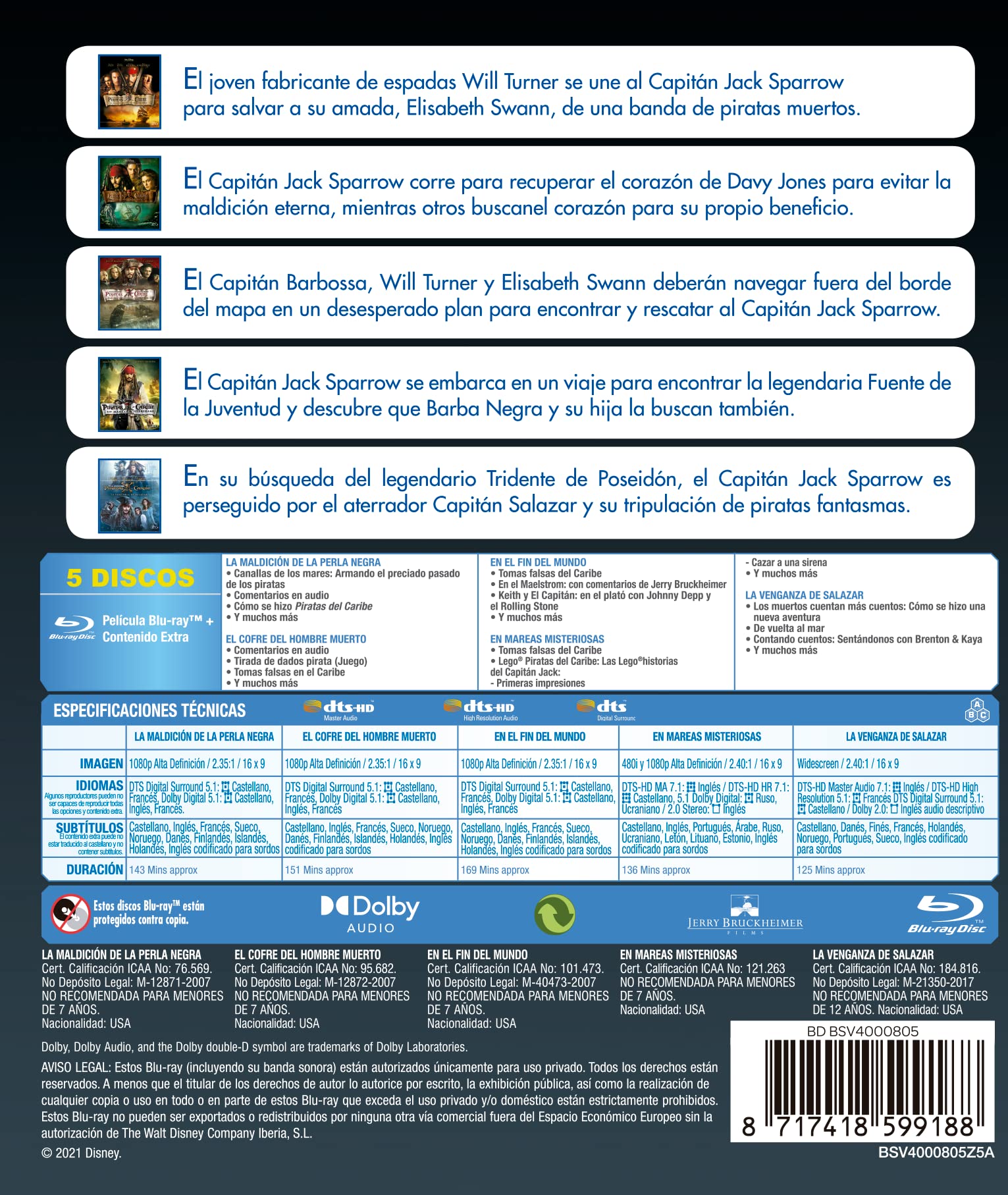 Colección Piratas del Caribe - Películas 1-5 Regreso al futuro 1-3 Extras)