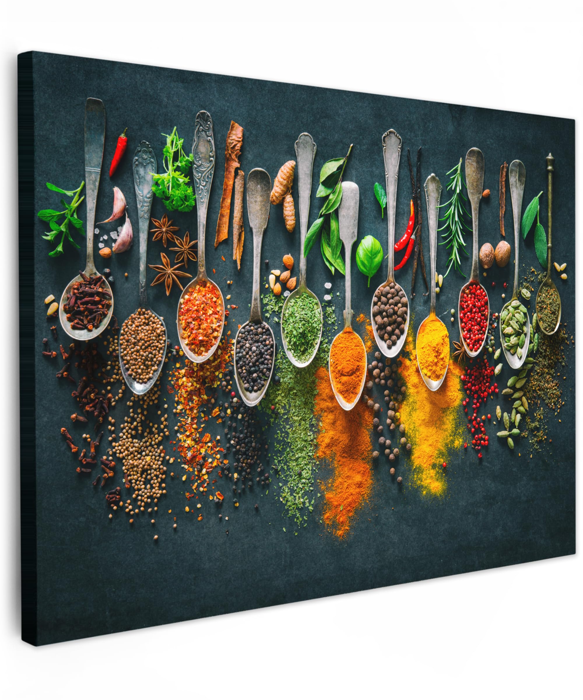 MuchoWow© Canvas Wall Art 31"x24" / 80x60 cm Decor Prints for Living Room Decorative Canvases Hall Artwork Herbs - Spices - Spoons — image 1