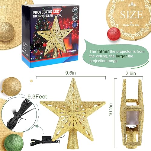 Miniatura 3 de Decoración para árbol de Navidad iluminada con proyector LED giratorio de copo de nieve, estrella dorada 3D con purpurina para árbol de Navidad,