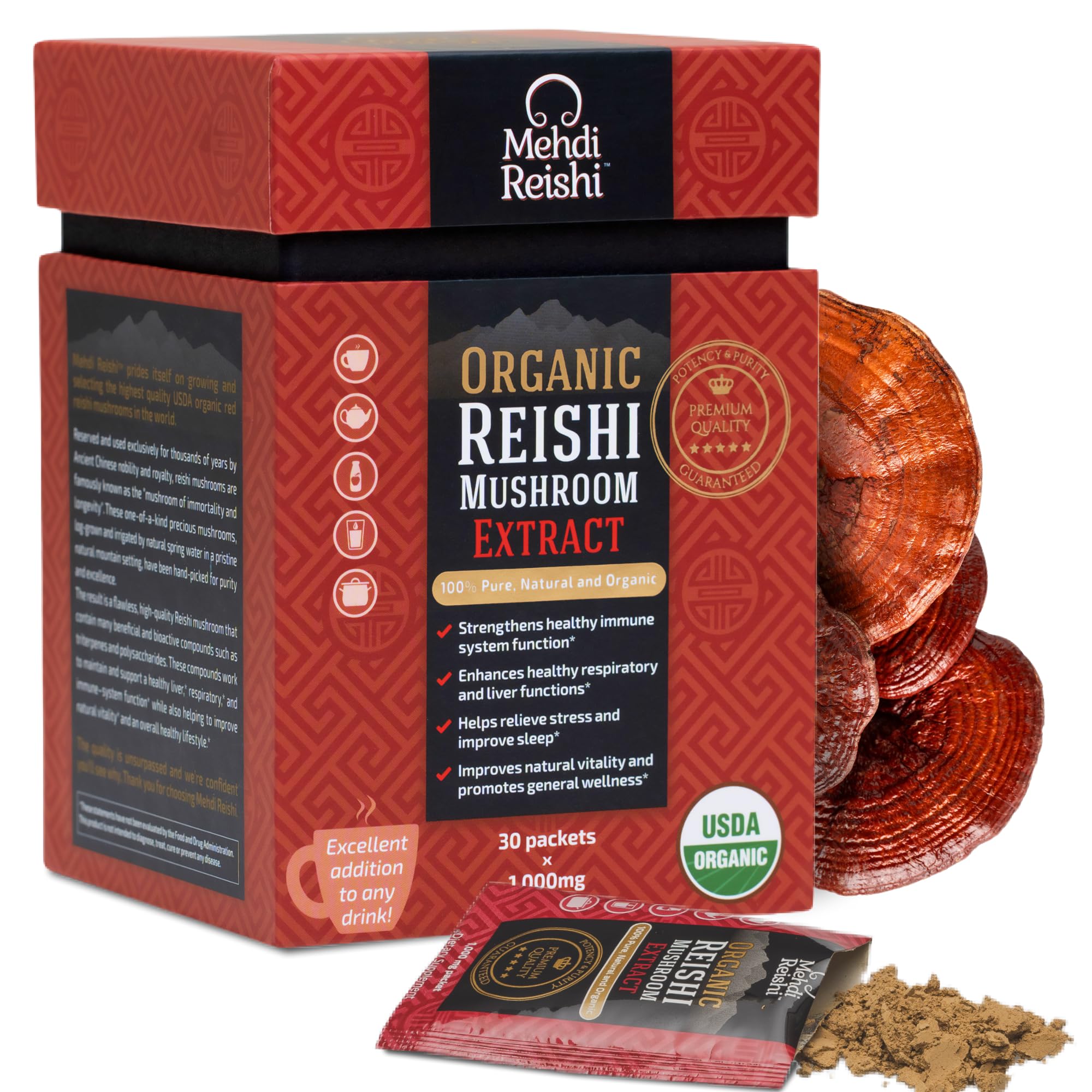 Organic Reishi Mushroom Extract Fruiting-Body Powder 35% Beta Glucan – 100% Pure, Premium and Organic –30 Servings–Ganoderma Lucidum, Lingzhi, Tea