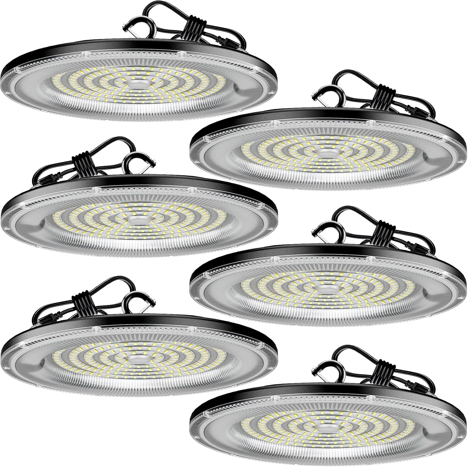6 Pack UFO LED High Bay Light, 200W 32500LM Shop Lights, Garage Light IP66 Waterproof, Industrial Lighting, 6500K Daylight with US Plug Hook, AC110-275V for Workshop, Warehouse Barn, Factory