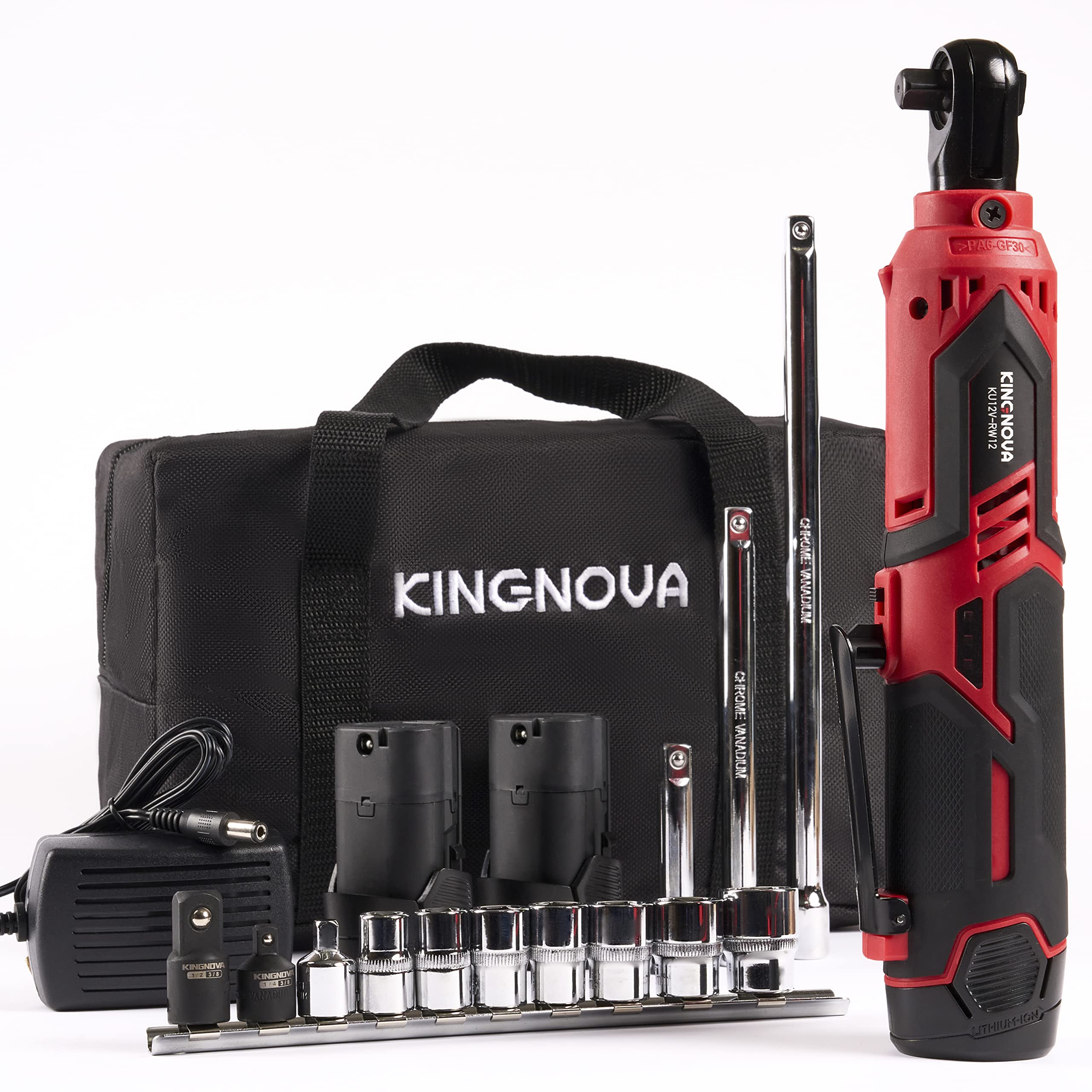 Kingnova Cordless Electric Ratchet Wrench 3/8" 1/4" 1/2",40 Ft-lbs,12V Power Ratchet Wrench Kit,2-Pack 2.0Ah Lithium-Ion Batteries,1H Fast Charger,3" 6" 10" Extension Bar,7 Sockets