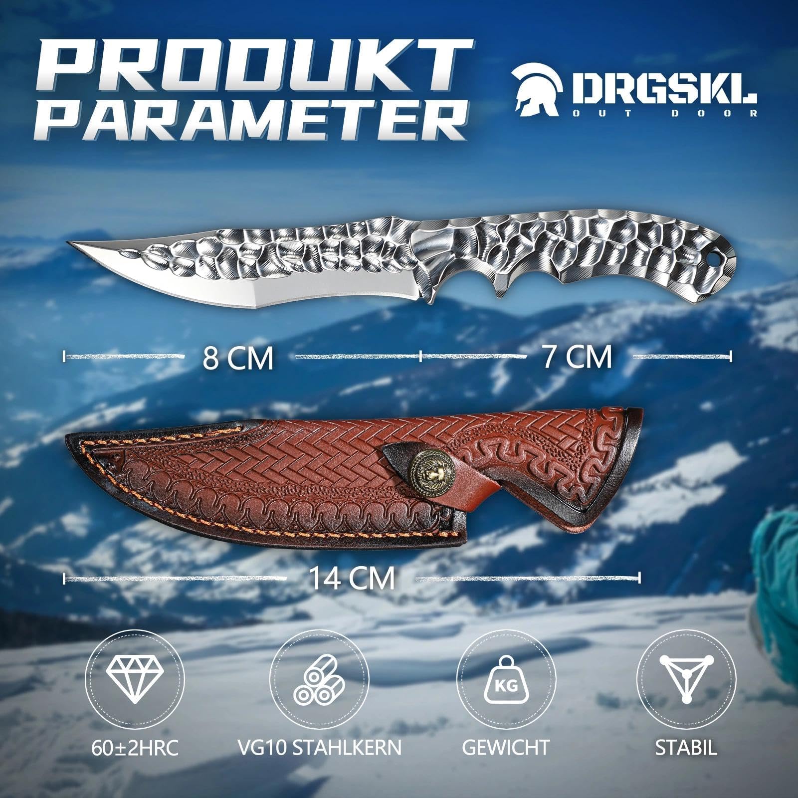 DRGSKL Survival Messer mit Lederscheide - Handgeschmiedet, VG10-Kern