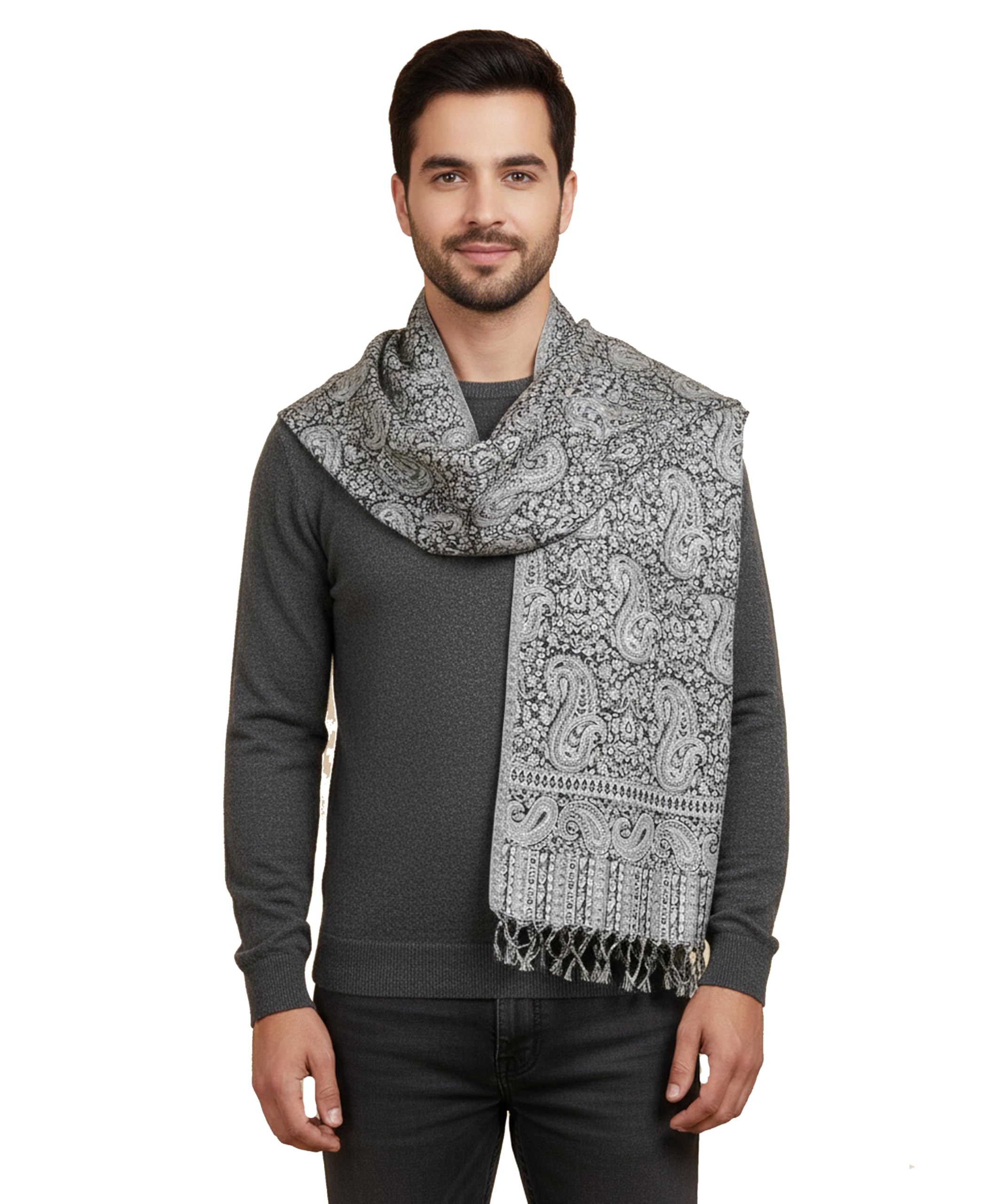 Elegant All-Season Jacquard Weave Stole for Men - Ethnic Wear Winter Wrap & Summer Evening Scarf- Soft, Warm & Breathable with Traditional Kalka Paisley Design & Fringes-picture-24