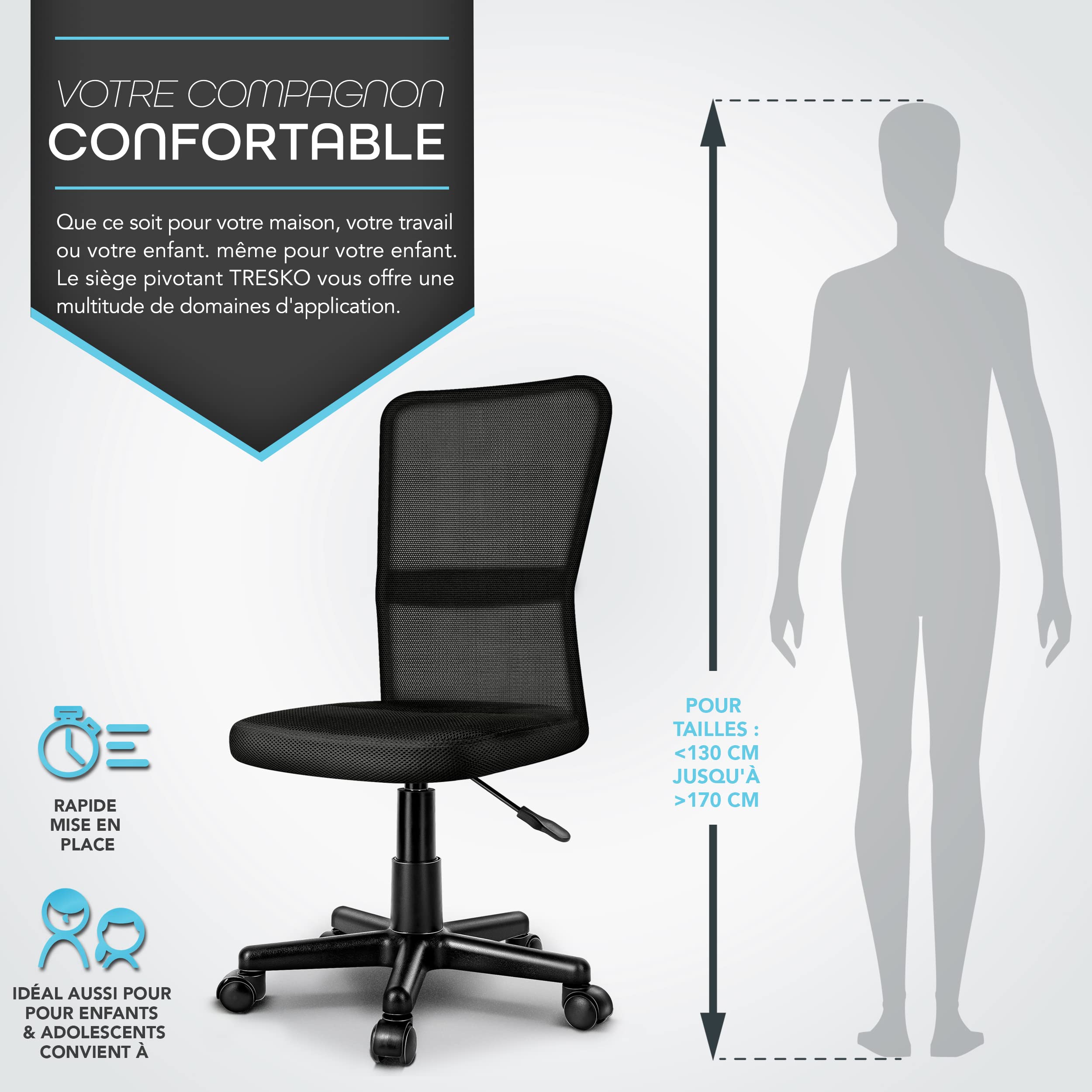 TRESKO® Chaise Fauteuil siège de Bureau Ergonomique, de 7 Couleurs différentes, Lift SGS contrôlé (Noir, sans accoudoirs)