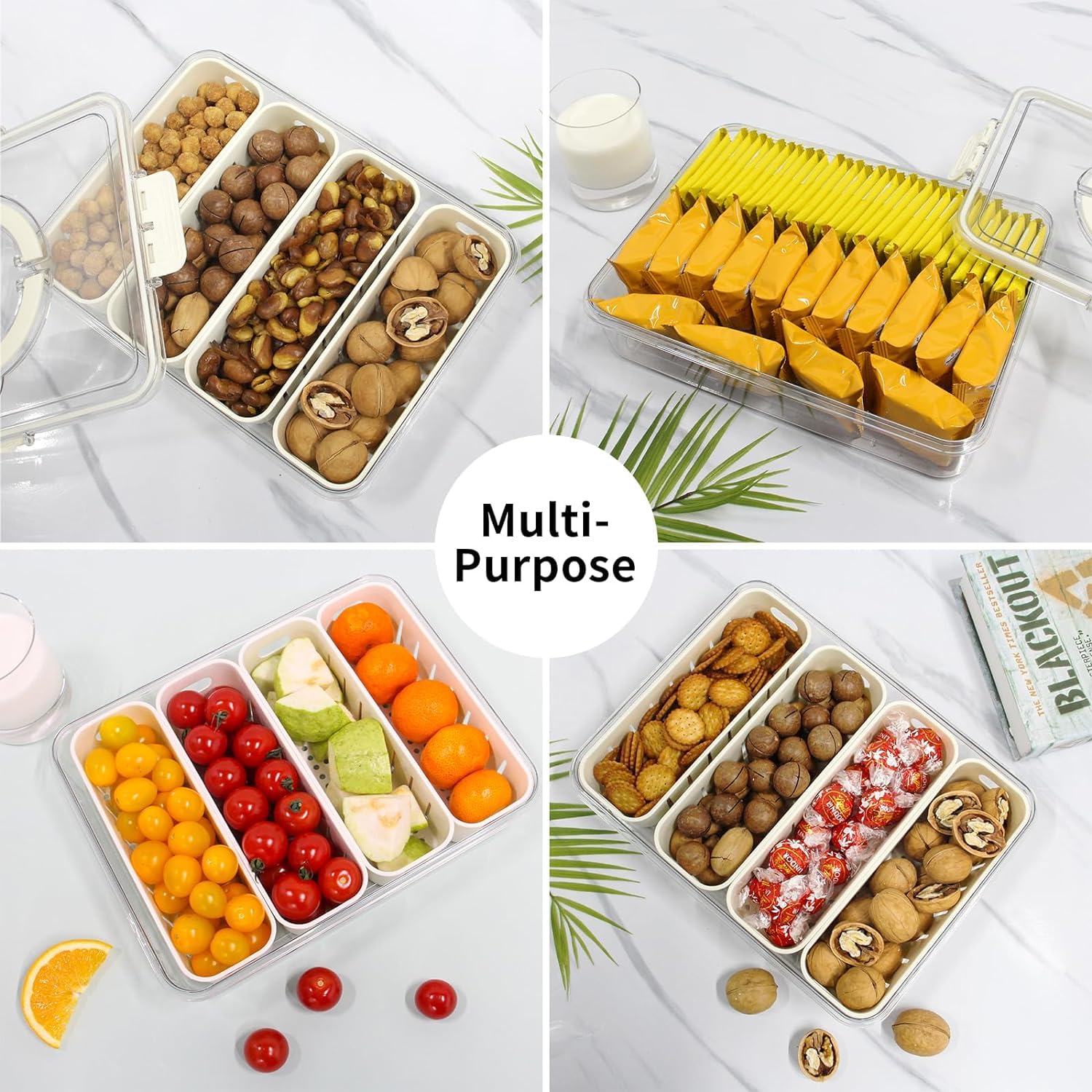 YFXOHAR Fridge Storage Box With Lid&Handle|4 Compartments Fridge Organizer Divider Draining Crisper Containers Keeps Fruits,Vagetables,Meats|Airtight Container Box (Acrylic),Off-White 3