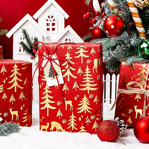 Miniatura 91 de Yarcony Papel kraft de regalo de Navidad, papel de regalo negro, árboles de Navidad de lujo, renos, copos de nieve, papel de estraza resistente