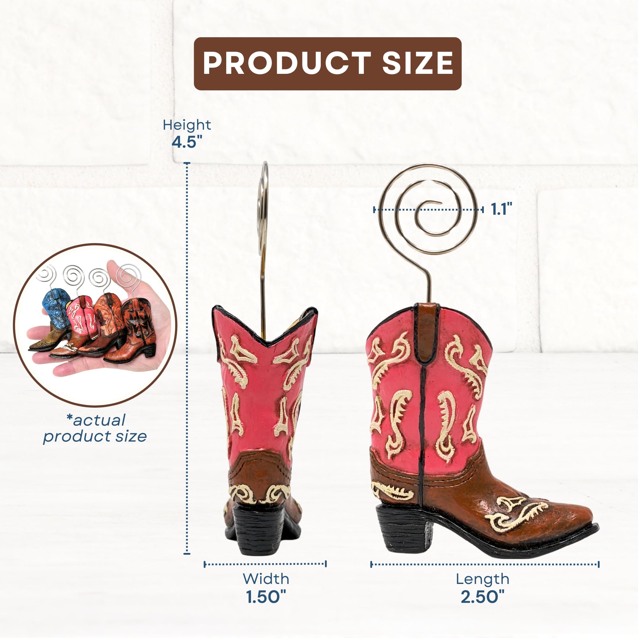 Juego de 4 mini tarjeteros, diseño de bota de vaquero, figuras decorativas de resina con alambre de remolino para tarjetas de visita, números de mesa, fotos o carteles, decoración de mesa occidental