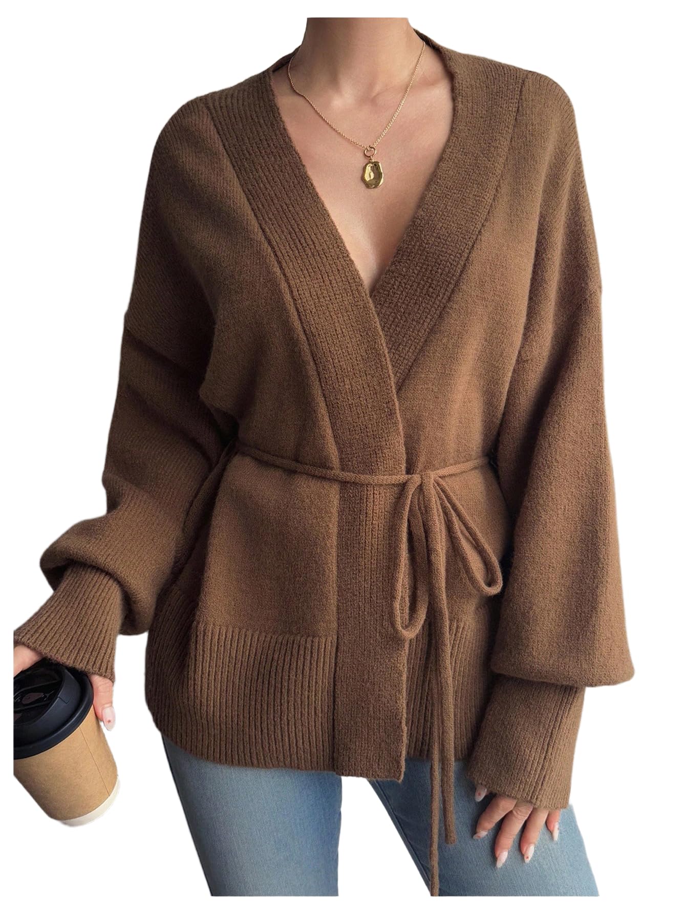 Verdusa Womens Dressy Casual Bow Tie Wrap Cardigans Lantern Sleeve Cozy Sweaters Fall Outerwear