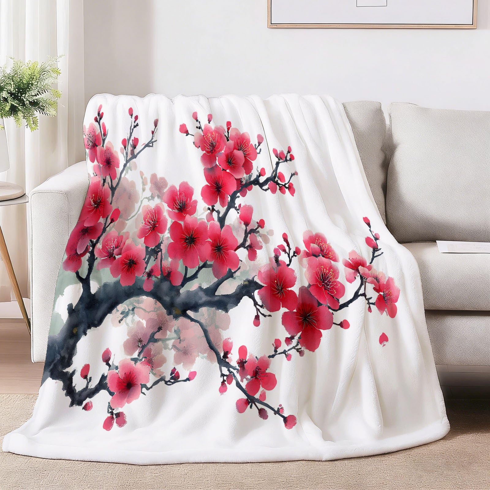 Coperta in pile da 150 x 200 cm, morbida e leggera, con stampa tradizionale orientale, con boccioli di prugna, con stampa a inchiostro, morbida e accogliente, per letto e divano, per viaggi, campeggio
