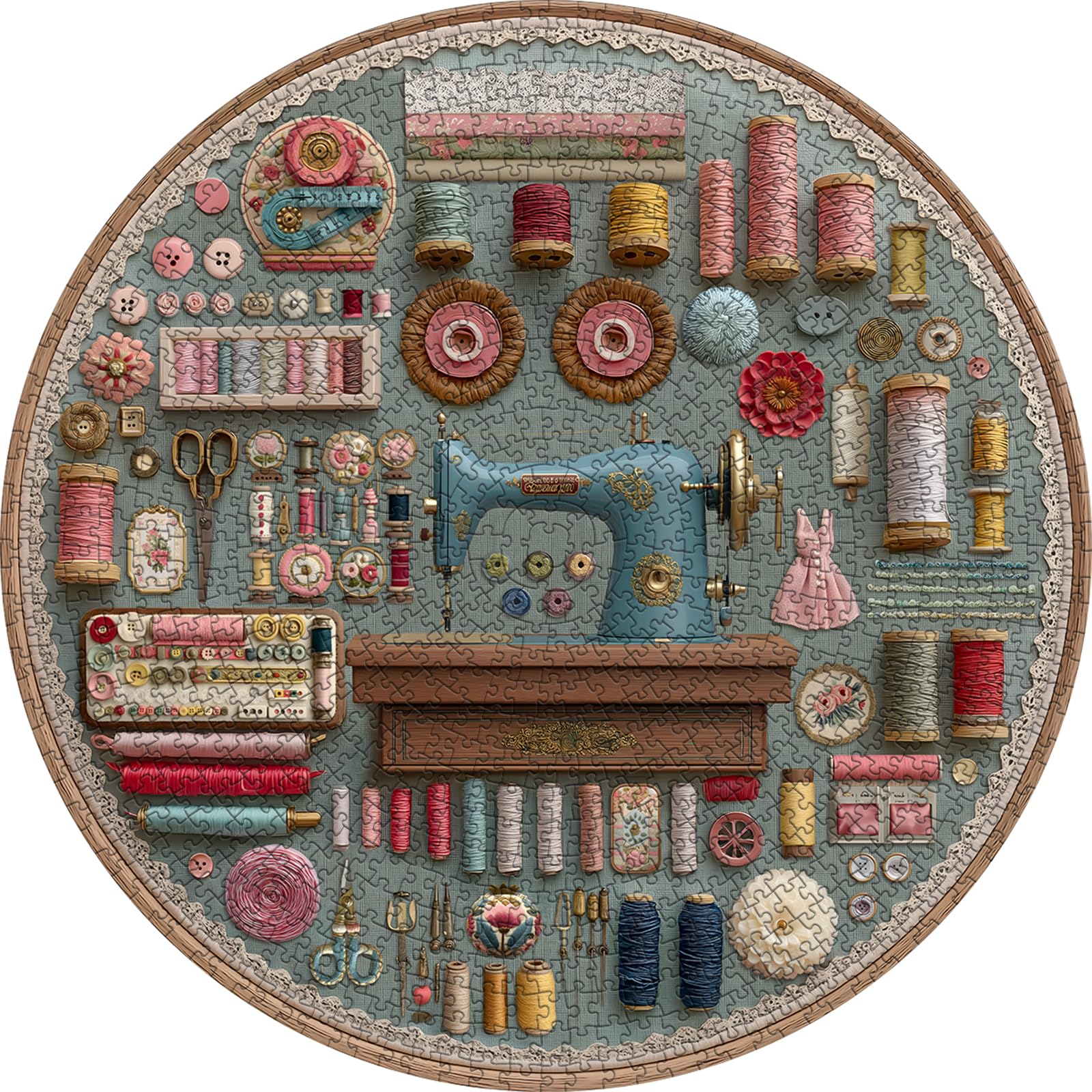 PICKFORU Vintage Sewing Puzzle for Adults 1000 Pieces, Round Sewing Machine Puzzle Features Colorful Buttons Threads Flower, Circular Retro Craft Quilting Jigsaw Puzzle Challenge