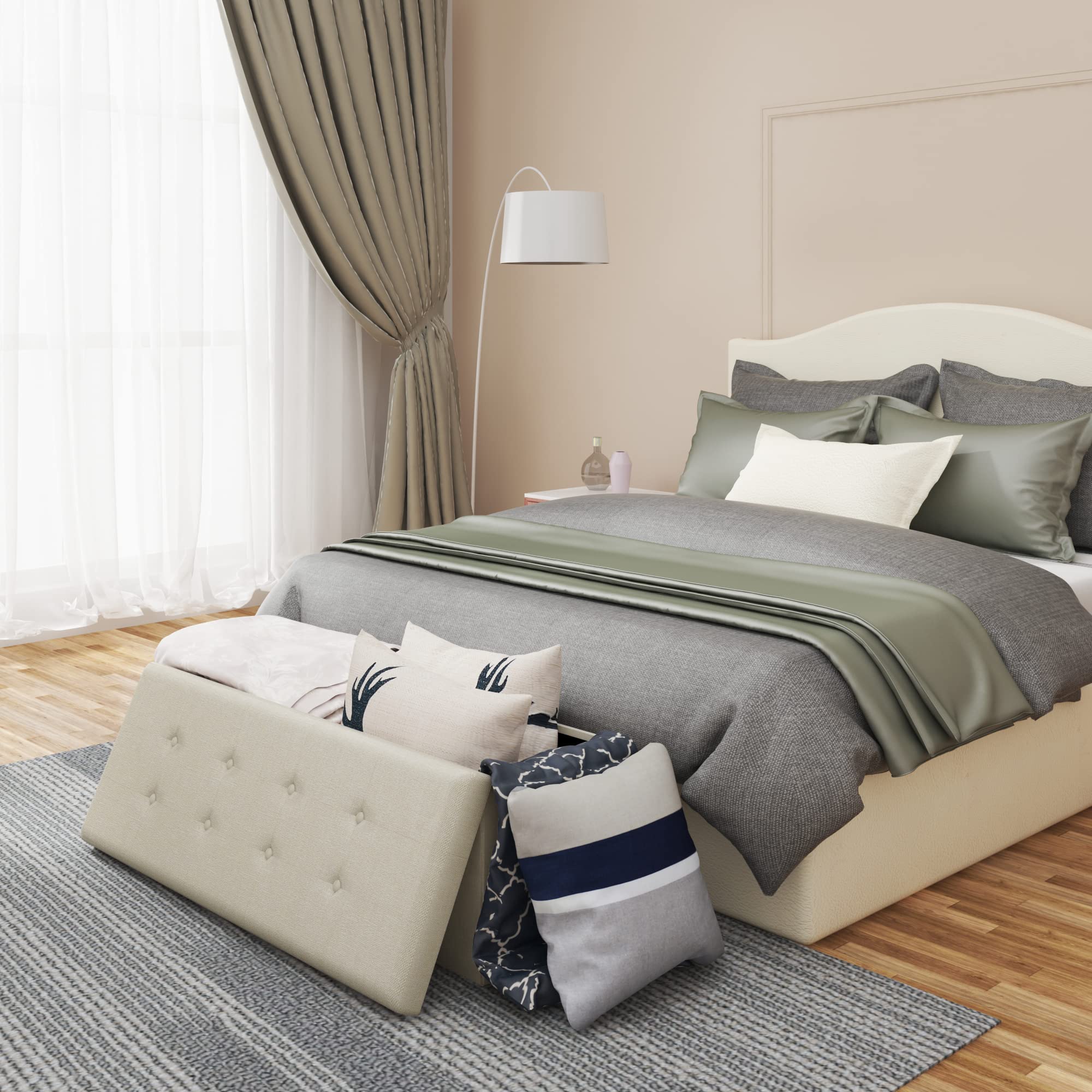 WOLTU Taburete con Espacio de Almacenamiento Caja de Tapa extraíble, Resto de Lino tapizado, 110x37,5x38 CM, Beige,